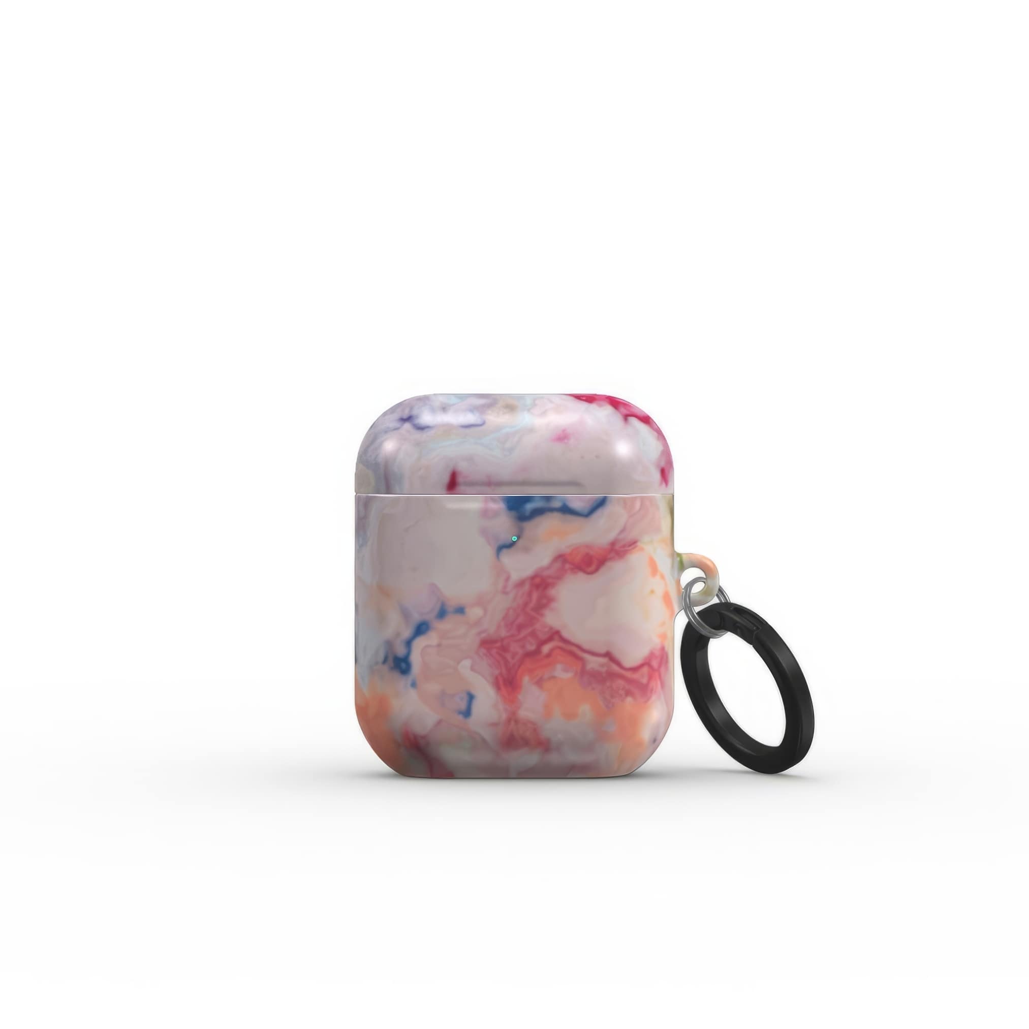 Ultra thin AirPods 1 and 2 tough case with a bold vivid pattern Ufo 1 in marble abstract and artistic style, featuring an elegant and expressive aesthetic design. Main colors are blue, orange and red. Front view.