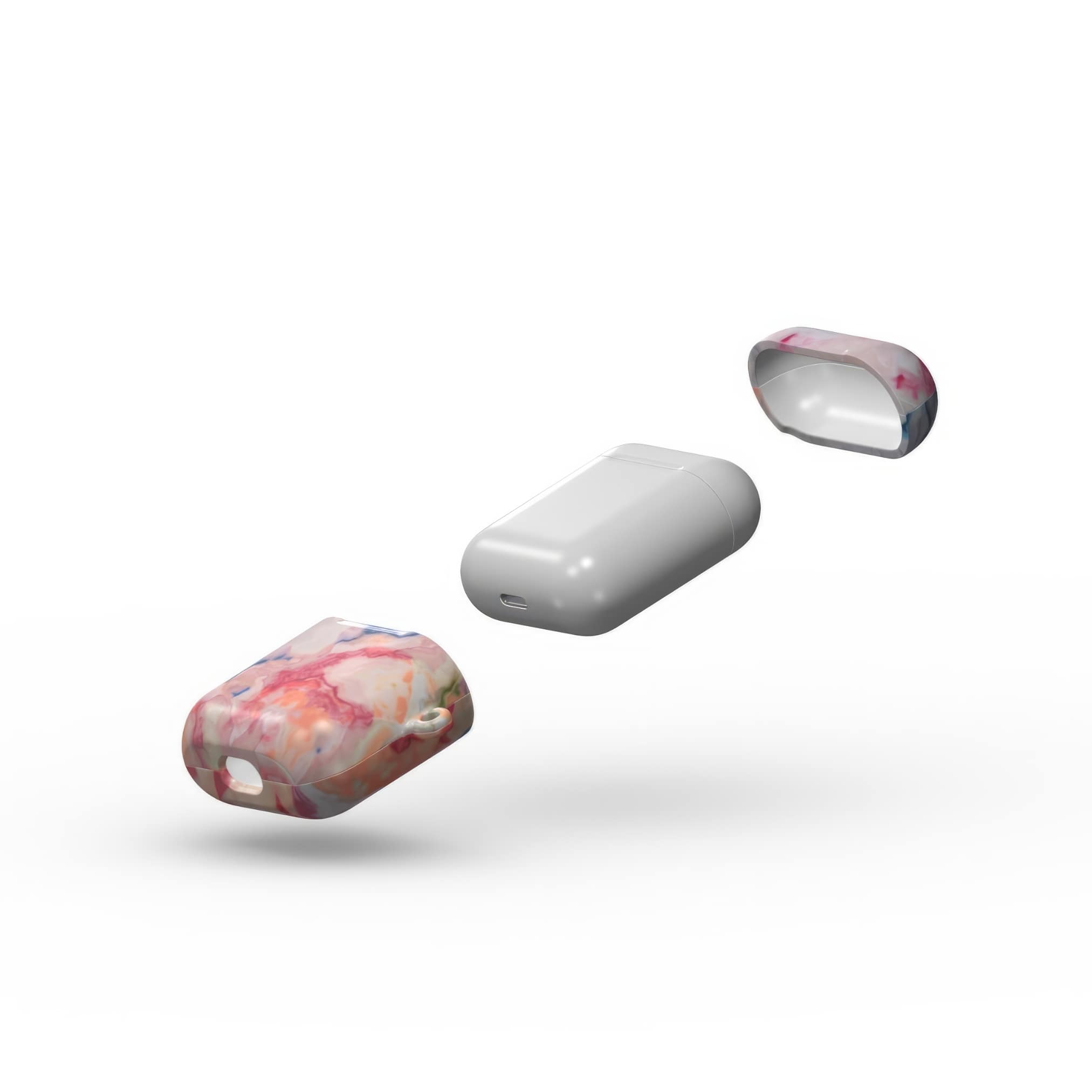 Ultra thin AirPods 1 and 2 tough case with a bold vivid pattern Ufo 1 in marble abstract and artistic style, featuring an elegant and expressive aesthetic design. Main colors are blue, orange and red. Extend view.