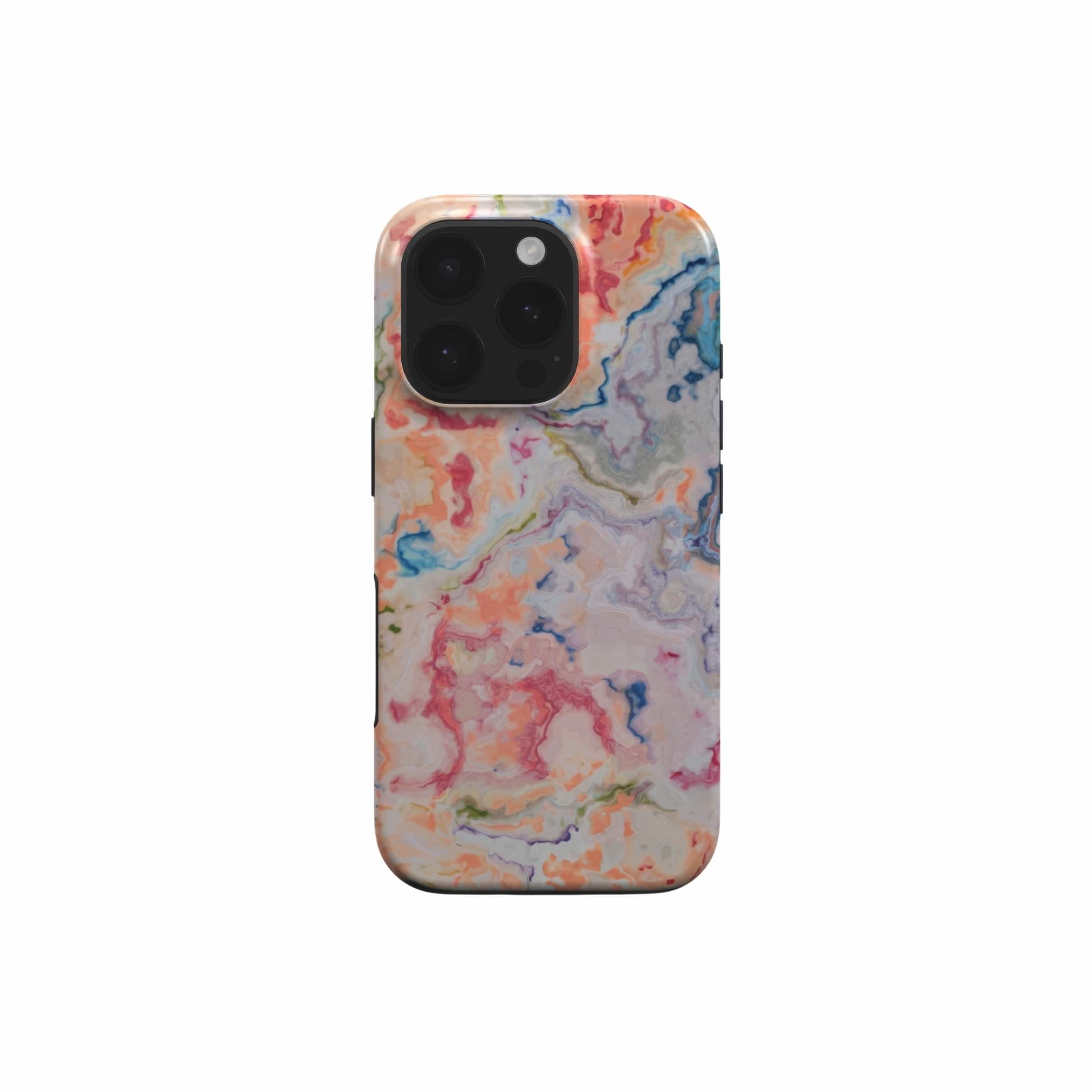 Tough phone case with a bold vivid pattern Ufo 1 in marble abstract and artistic style, featuring an elegant and expressive aesthetic design. Main colors are blue, orange and red. Front view.
