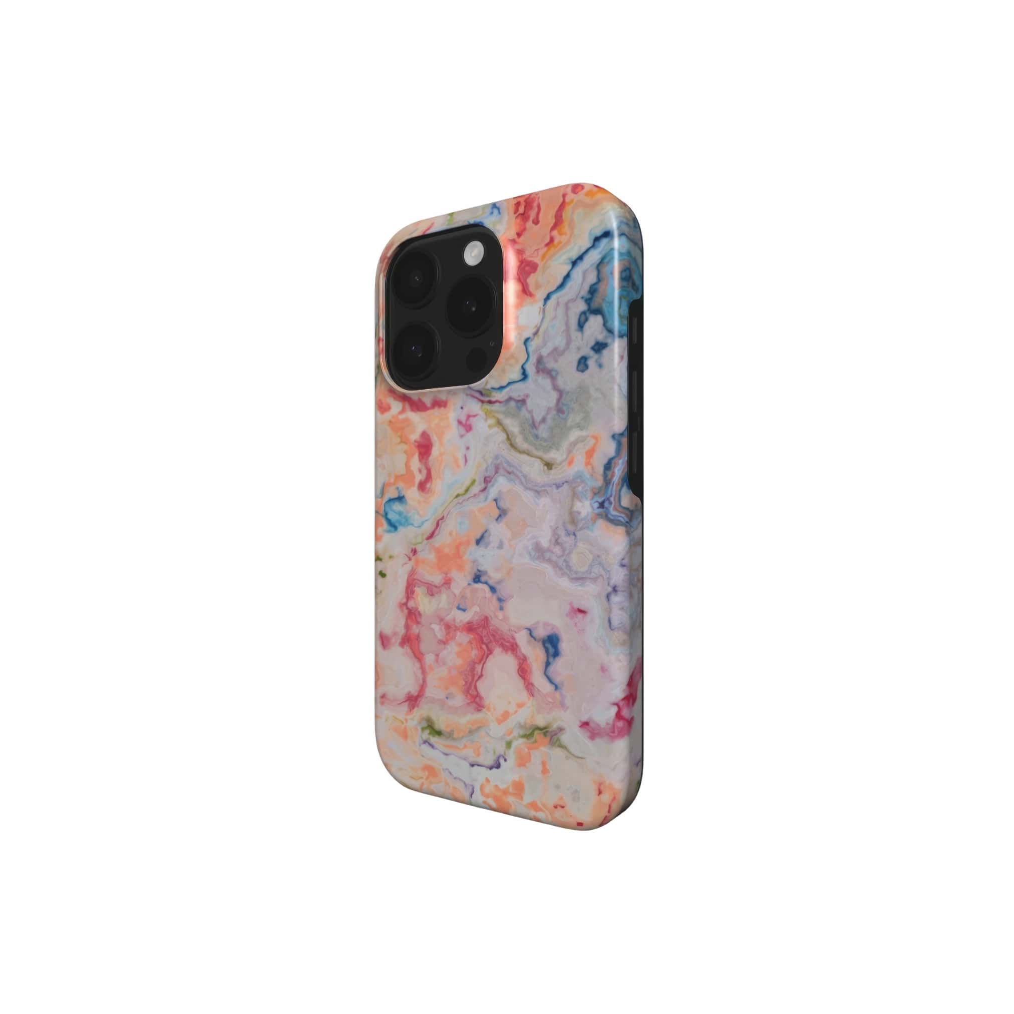 Tough phone case with a bold vivid pattern Ufo 1 in marble abstract and artistic style, featuring an elegant and expressive aesthetic design. Main colors are blue, orange and red. Side view.