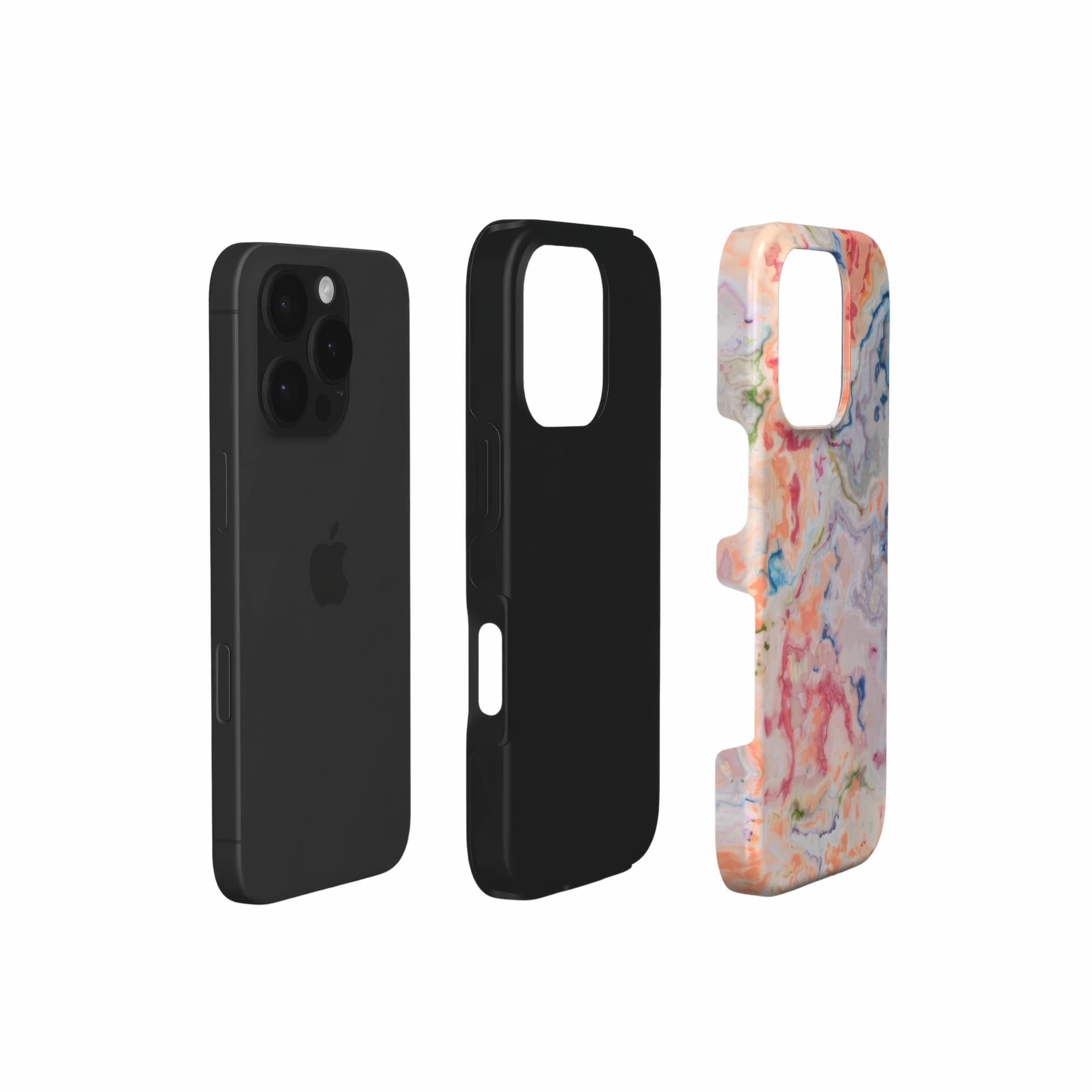 Tough phone case with a bold vivid pattern Ufo 1 in marble abstract and artistic style, featuring an elegant and expressive aesthetic design. Main colors are blue, orange and red. Extend view.