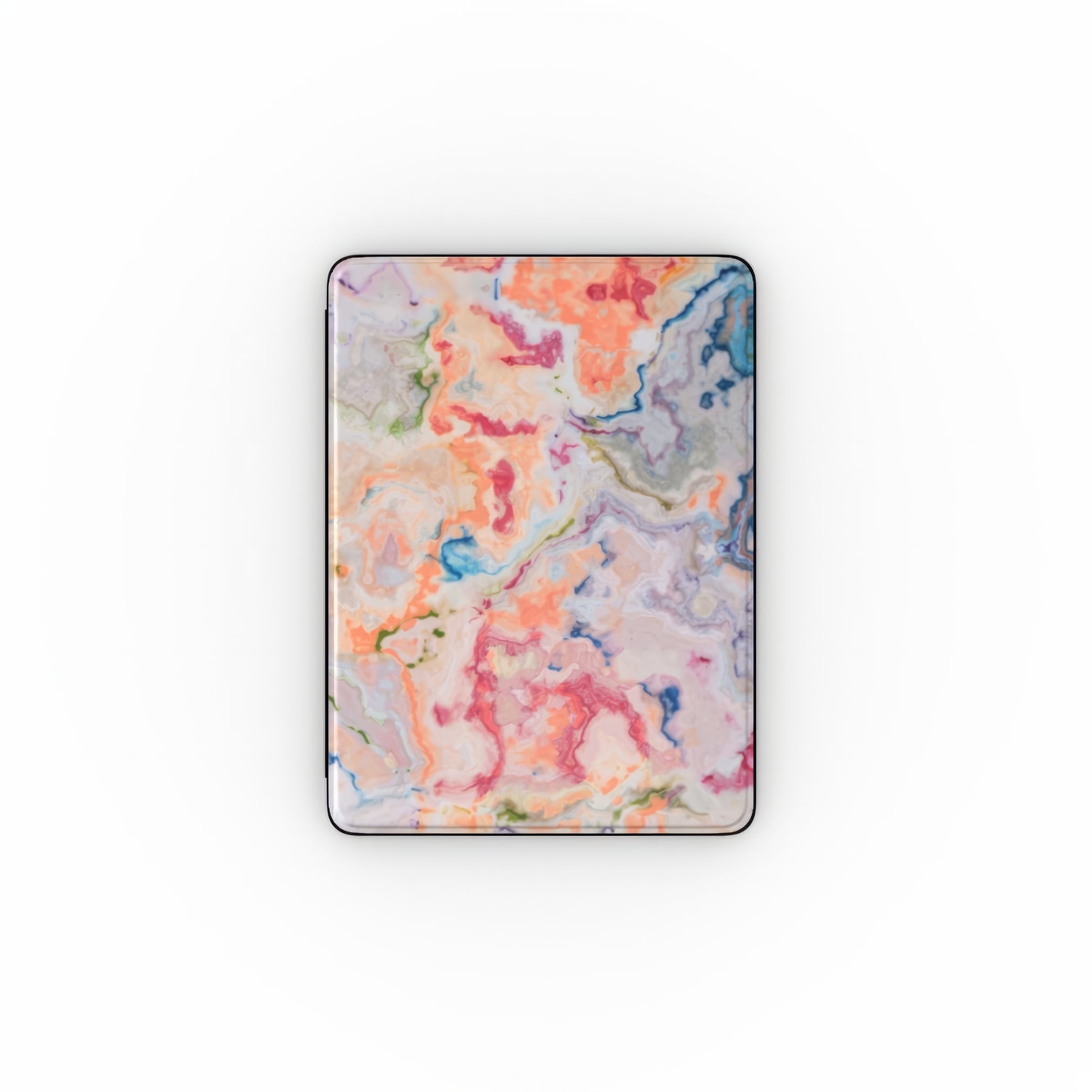 iPad case with a bold vivid pattern Ufo 1 in marble abstract and artistic style, featuring an elegant and expressive aesthetic design. Main colors are blue, orange and red. Front view.