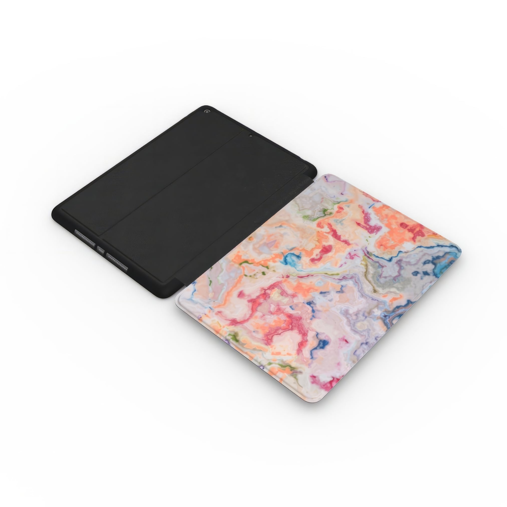 iPad case with a bold vivid pattern Ufo 1 in marble abstract and artistic style, featuring an elegant and expressive aesthetic design. Main colors are blue, orange and red. Extend side view.