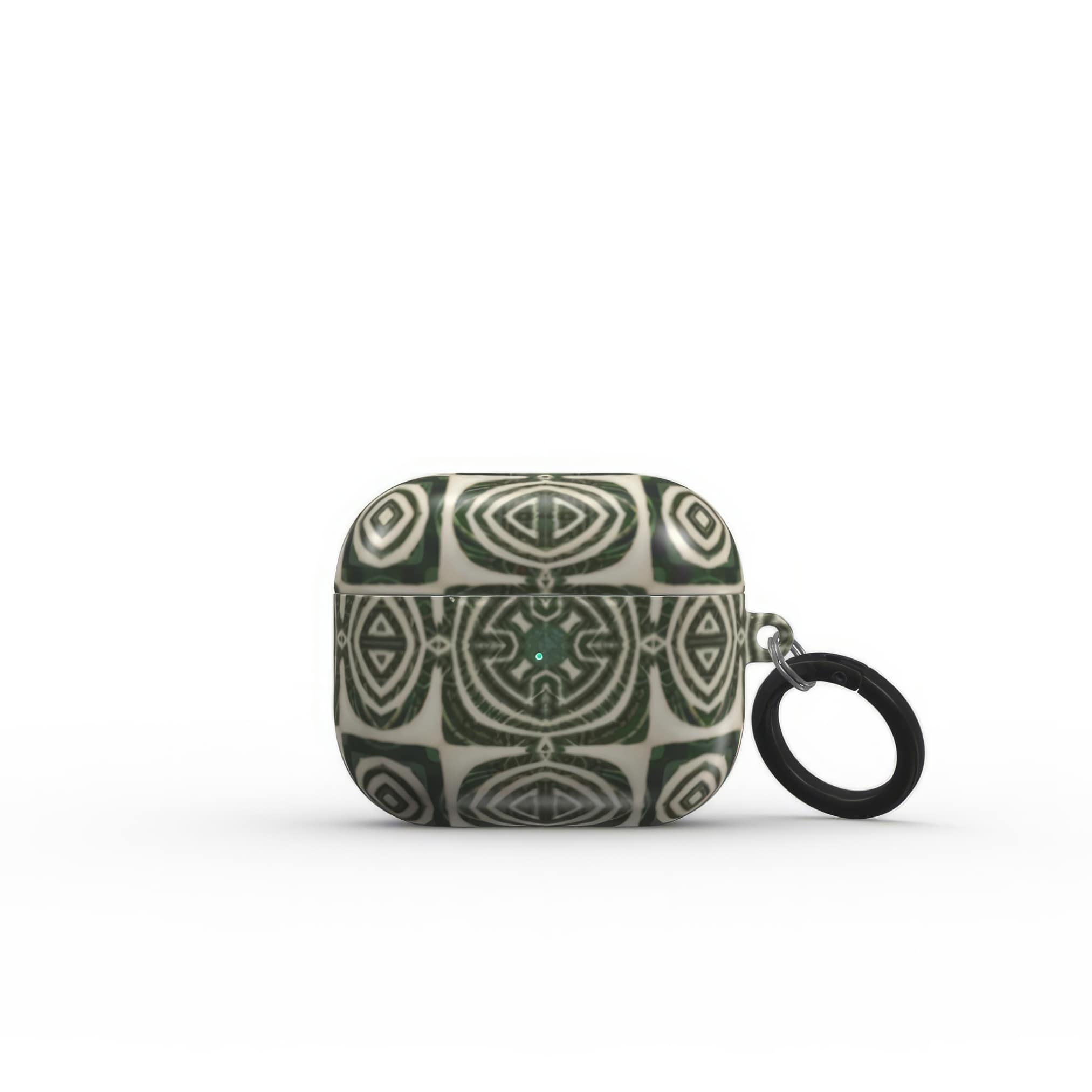 AirPods 3 case front view; wooden snake 2 pattern, ornamental pattern; kaleidoscope pattern imagination. Green color. Bold expressive aesthetic design. Colorful and interior fit. Elegant.
