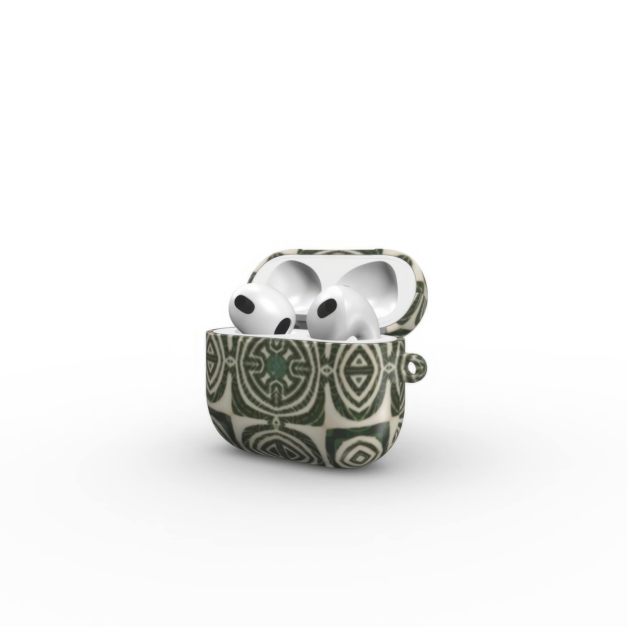 AirPods 3 case side open view; wooden snake 2 pattern, ornamental pattern; kaleidoscope pattern imagination. Green color.