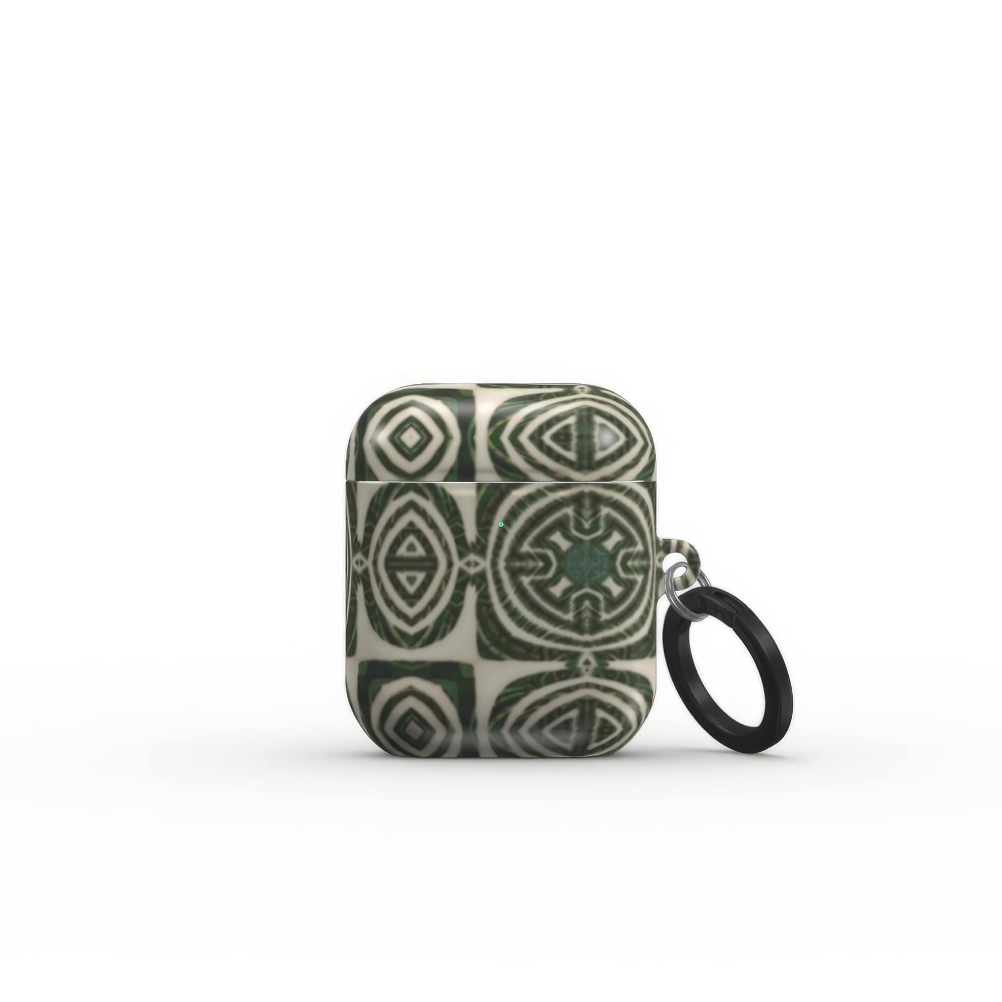 AirPods 1 and 2 case front view; wooden snake 2 pattern, ornamental pattern; kaleidoscope pattern imagination. Green color. Bold expressive aesthetic design. Colorful and interior fit. Elegant.