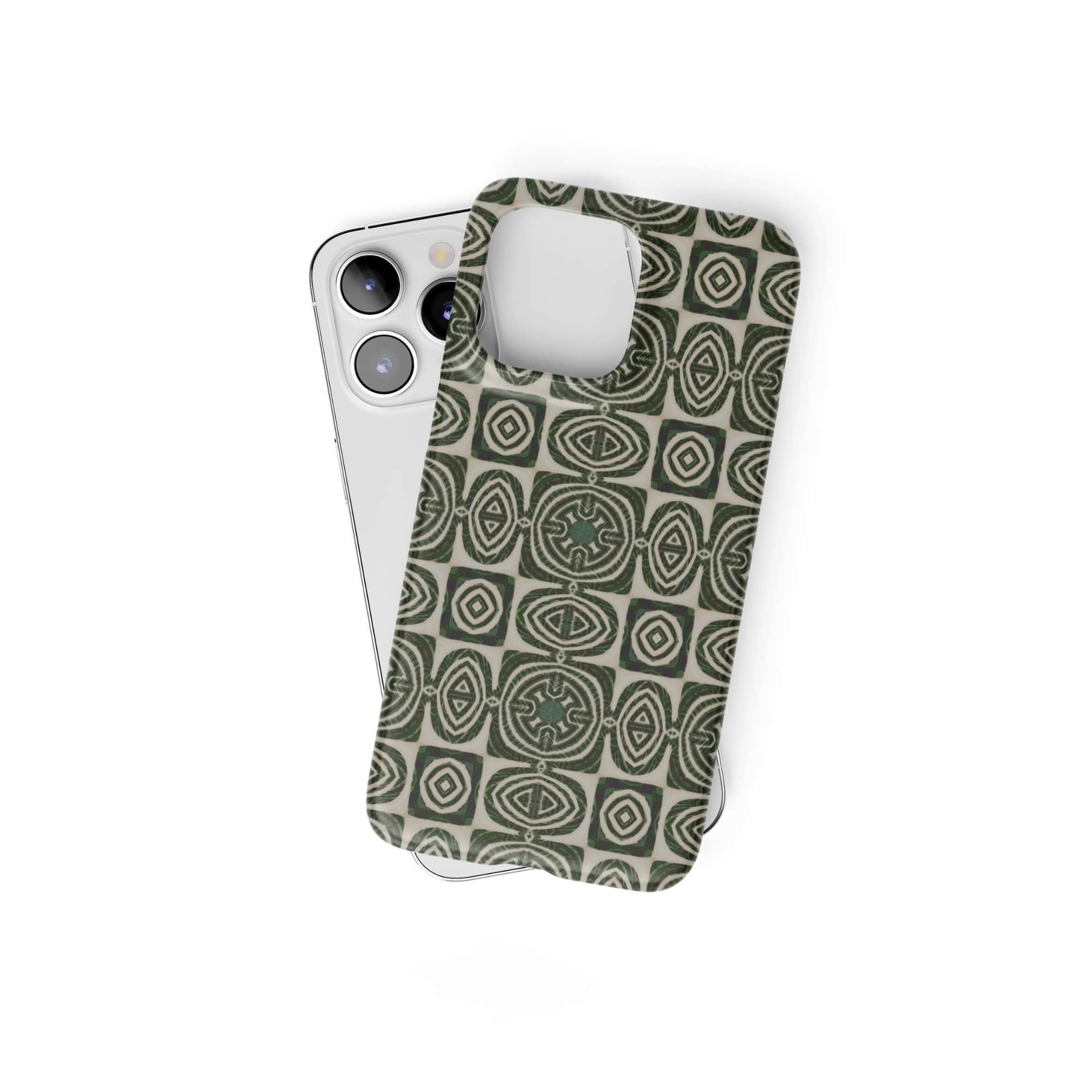 Ultra thin snap phone case front view; wooden snake 2 pattern, ornamental pattern; kaleidoscope pattern imagination. Green color. Bold expressive aesthetic design. Colorful and interior fit. Elegant.
