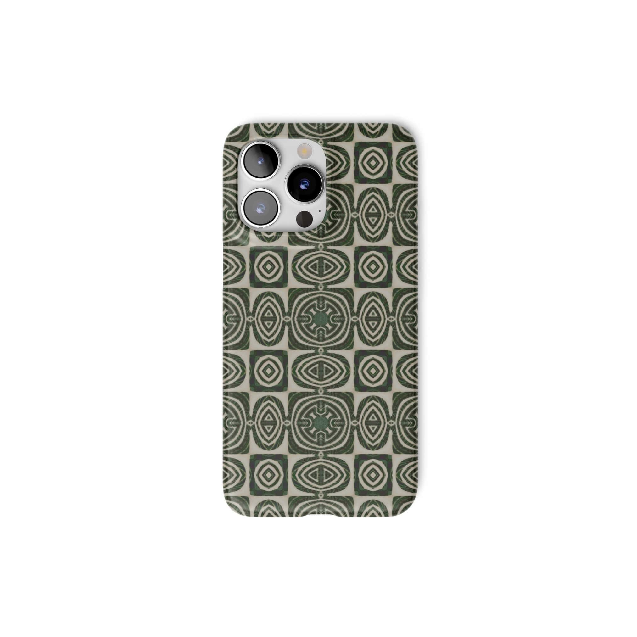Ultra thin snap phone case front view; wooden snake 2 pattern, ornamental pattern; kaleidoscope pattern imagination. Green color.