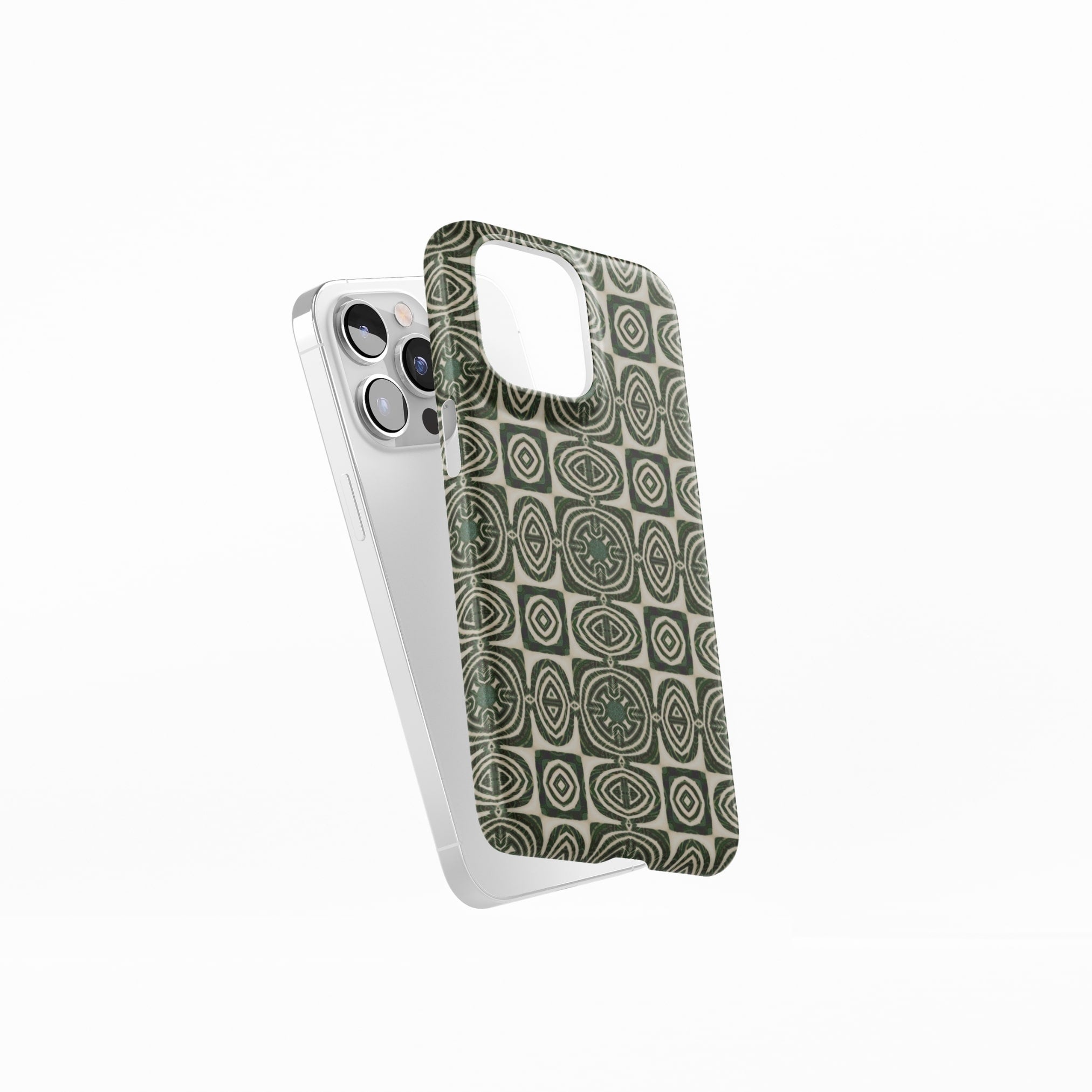 Ultra thin snap phone case side view; wooden snake 2 pattern, ornamental pattern; kaleidoscope pattern imagination. Green color.