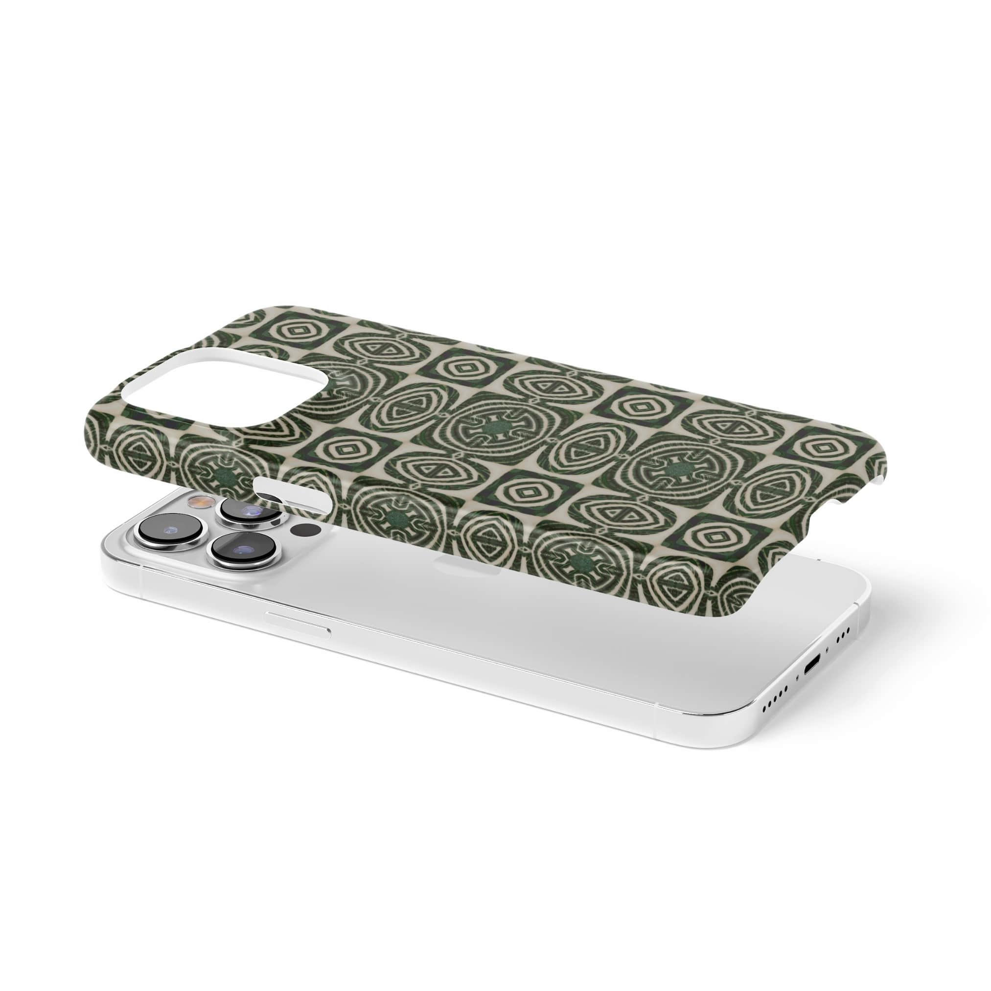 Ultra thin snap phone case extend view; wooden snake 2 pattern, ornamental pattern; kaleidoscope pattern imagination. Green color.