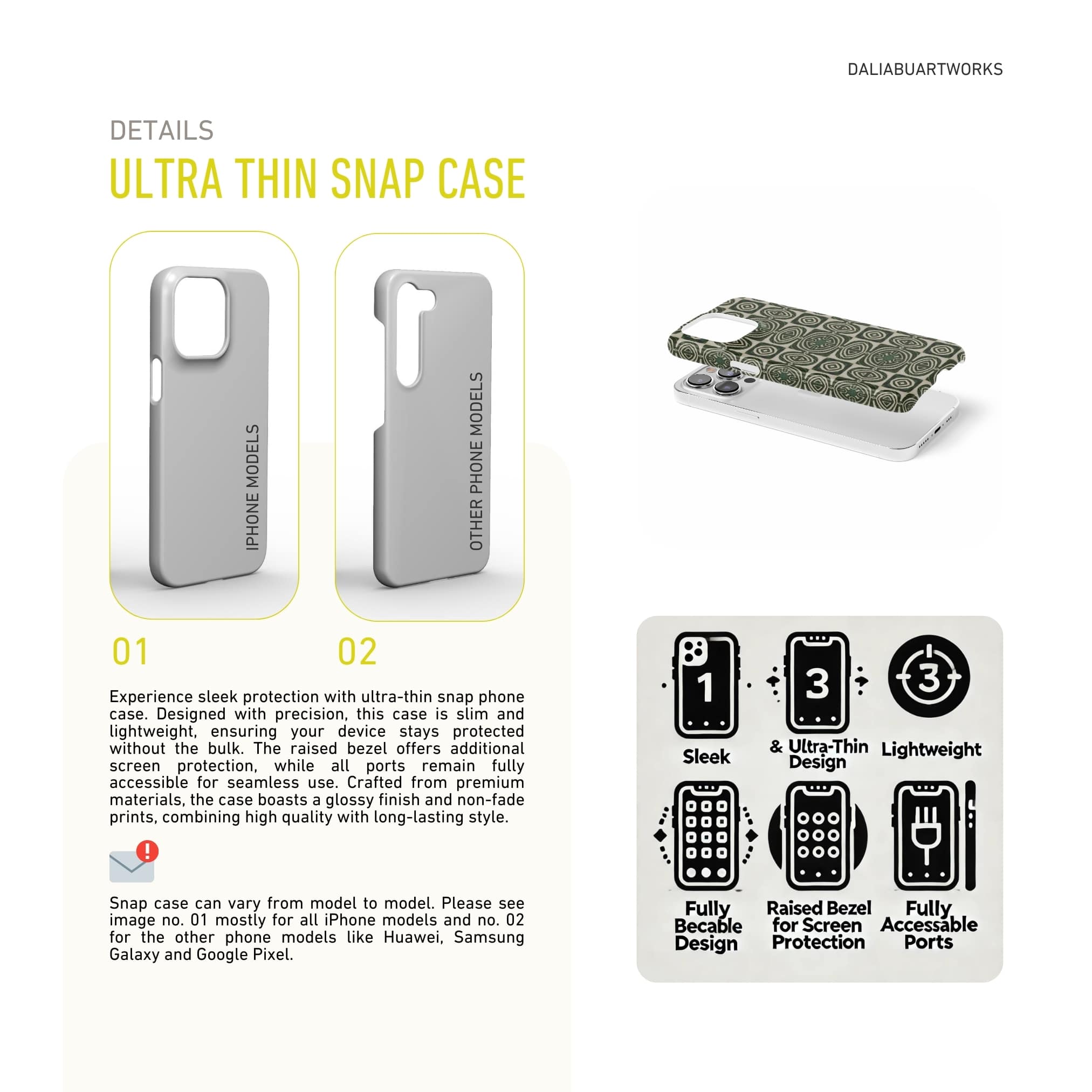 Ultra thin snap phone case front view; wooden snake 2 pattern, ornamental pattern; kaleidoscope pattern imagination. Green color. Description about skin phone cover features.