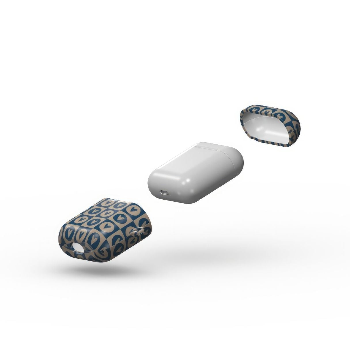 AirPods 1 and 2 case LovDot Blue pattern design with a dynamic geometric symmetry in heart and dot style, featuring an elegant and expressive aesthetic design. Main colors are steel blue and light brown. Extend view.