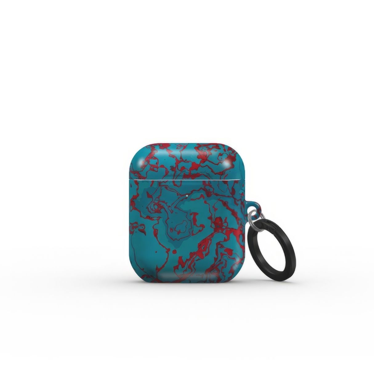 AirPods 1/2 case with vivid color pattern Arteries abstract and artistic style, featuring an elegant and expressive aesthetic design. Main colors are red, turquoise blue. Front view.