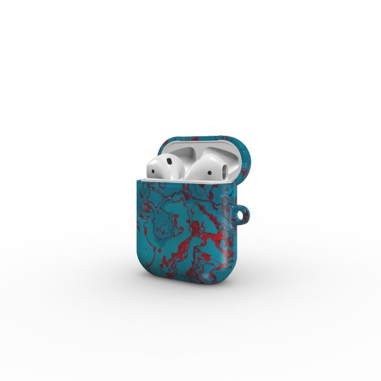 AirPods 1/2 case with vivid color pattern Arteries abstract and artistic style, featuring an elegant and expressive aesthetic design. Main colors are red, turquoise blue. Side open view.