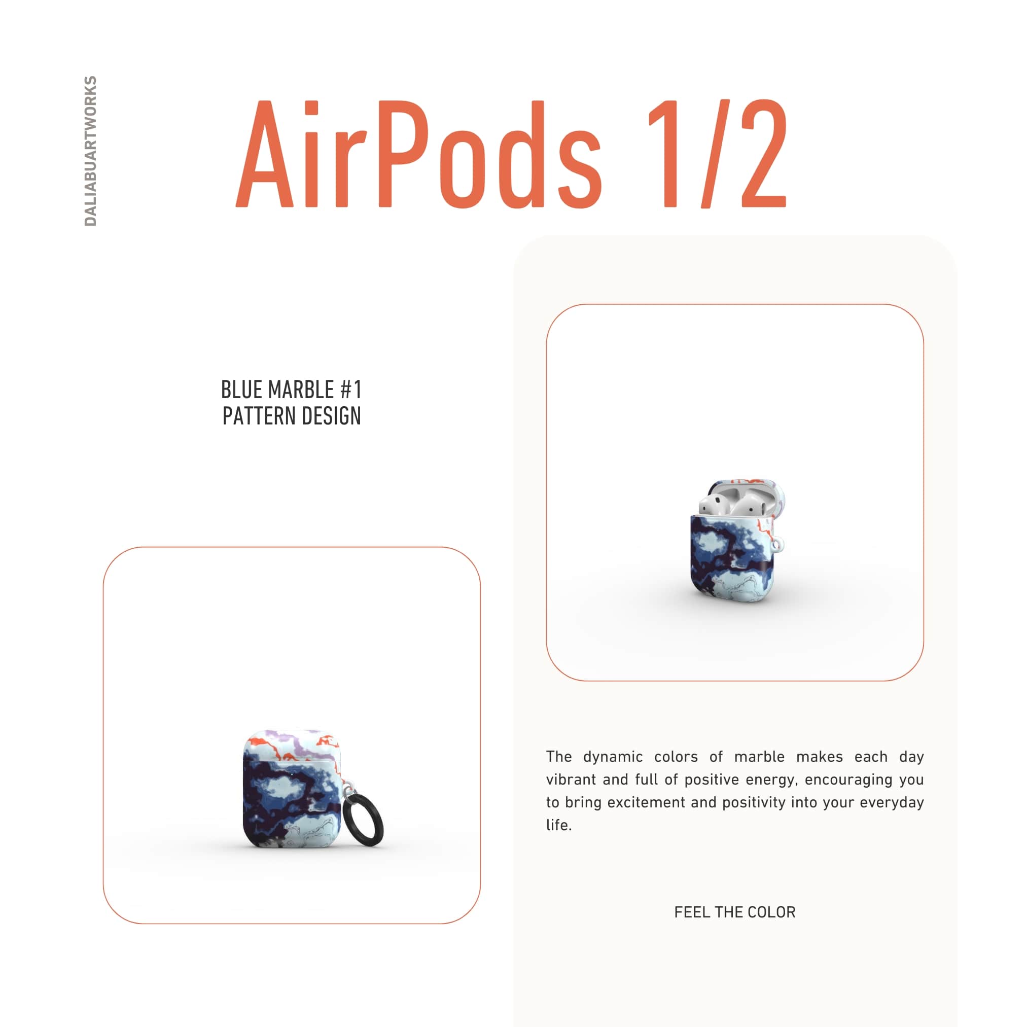 AirPods 1/2 tough case description; Blue Marble 1 pattern, artistic, abstract marble pattern. Dark blue and light blue with some red lines color combination. Bold expressive aesthetic design. Colorful and interior fit. Elegant.