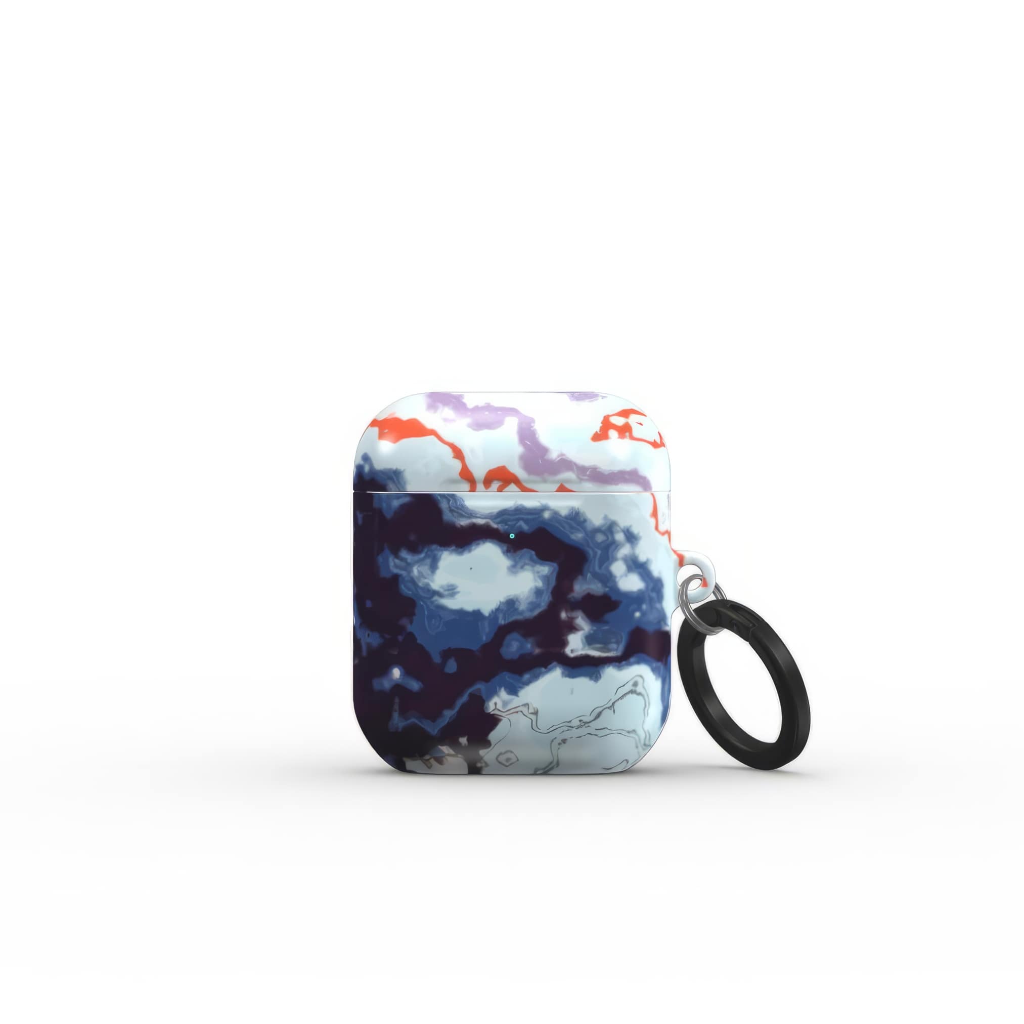 AirPods 1/2 tough case front view; Blue Marble 1 pattern, artistic, abstract marble pattern. Dark blue and light blue with some red lines color combination. Bold expressive aesthetic design. Colorful and interior fit. Elegant.