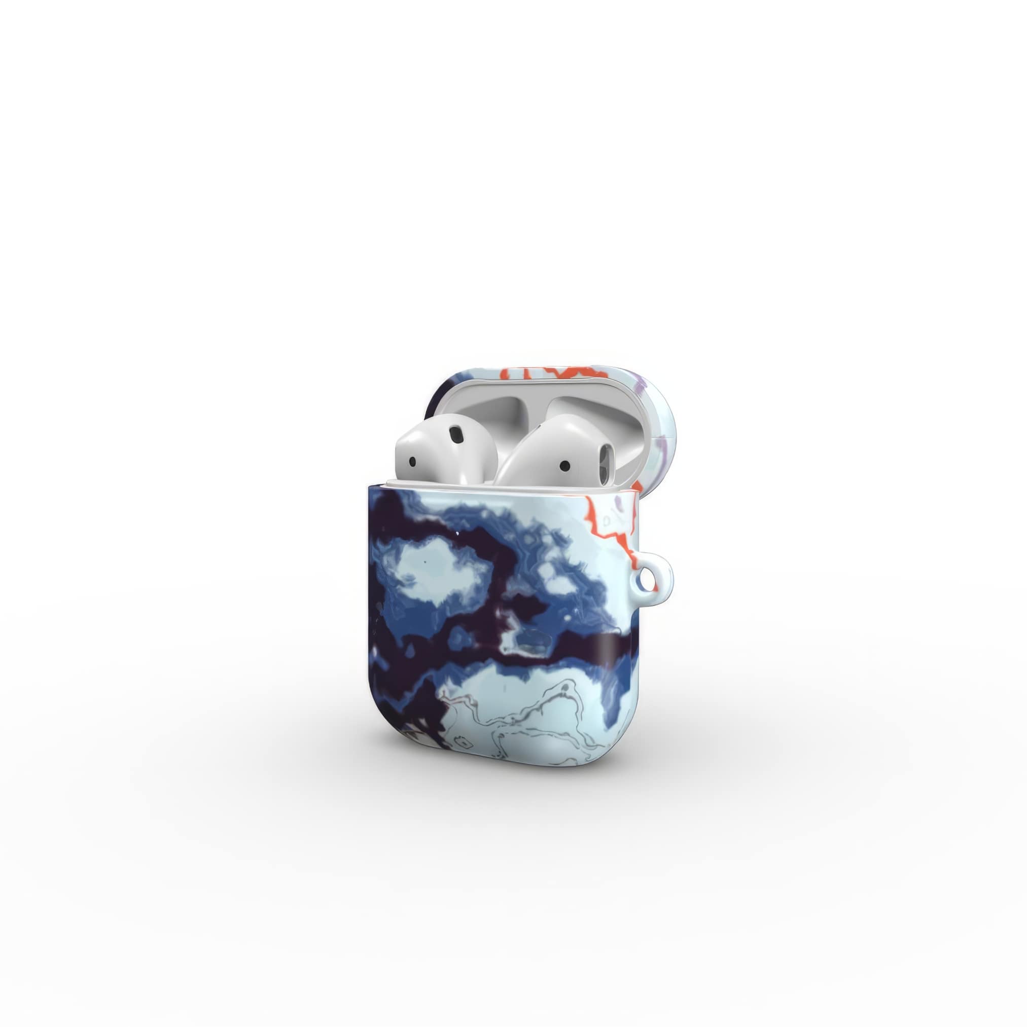 AirPods 1/2 tough case side view; Blue Marble 1 pattern, artistic, abstract marble pattern. Dark blue and light blue with some red lines color combination. Bold expressive aesthetic design. Colorful and interior fit. Elegant.