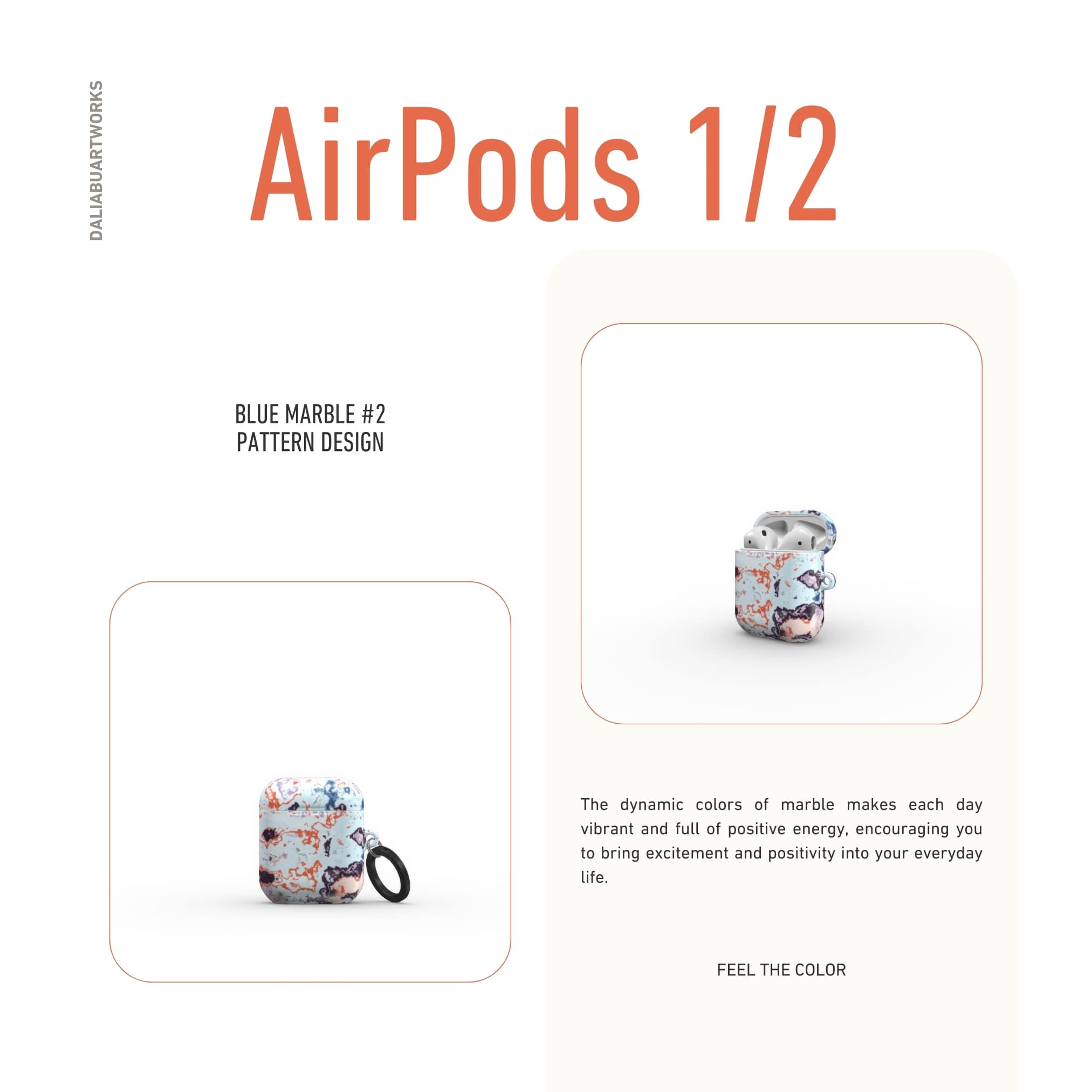 AirPods 1 and 2 tough case front view; Blue Marble 2 pattern, artistic, abstract marble pattern. Blue and pink color combination.