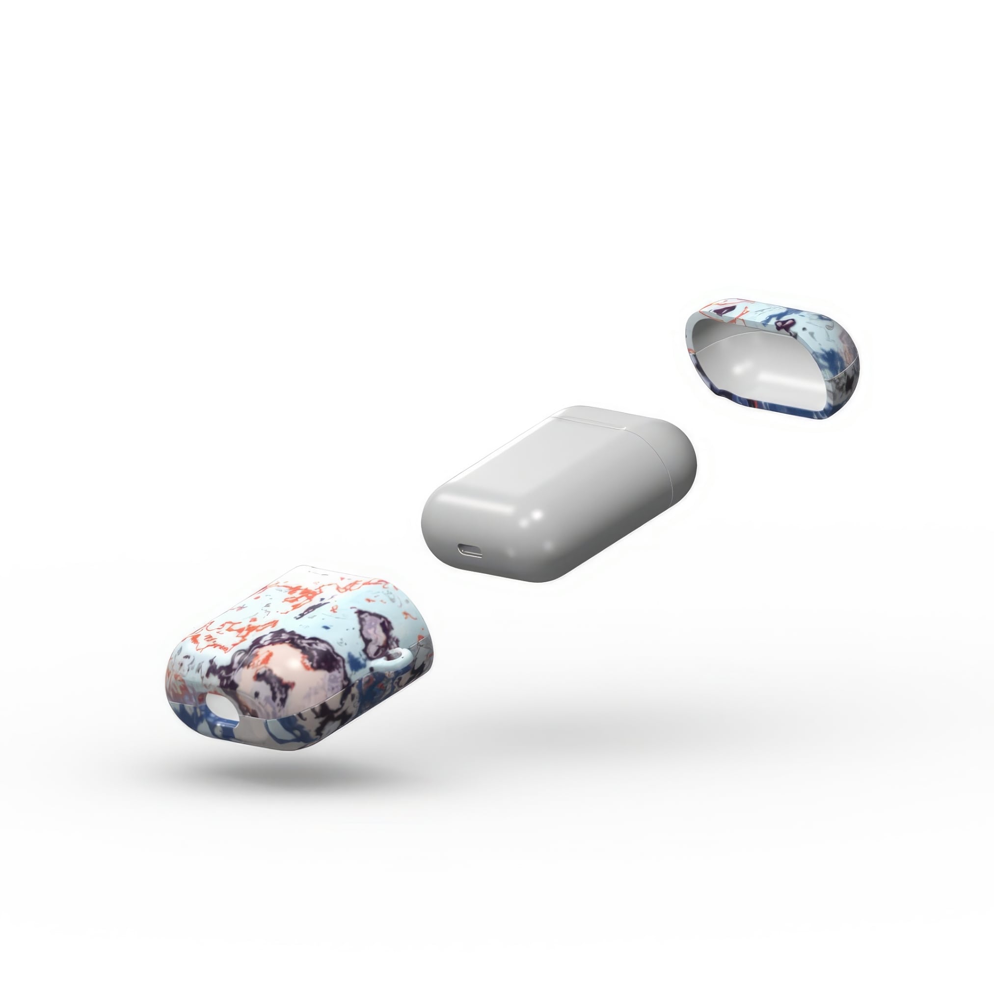 AirPods 1 and 2 tough case extend view; Blue Marble 2 pattern, artistic, abstract marble pattern. Blue and pink color combination.