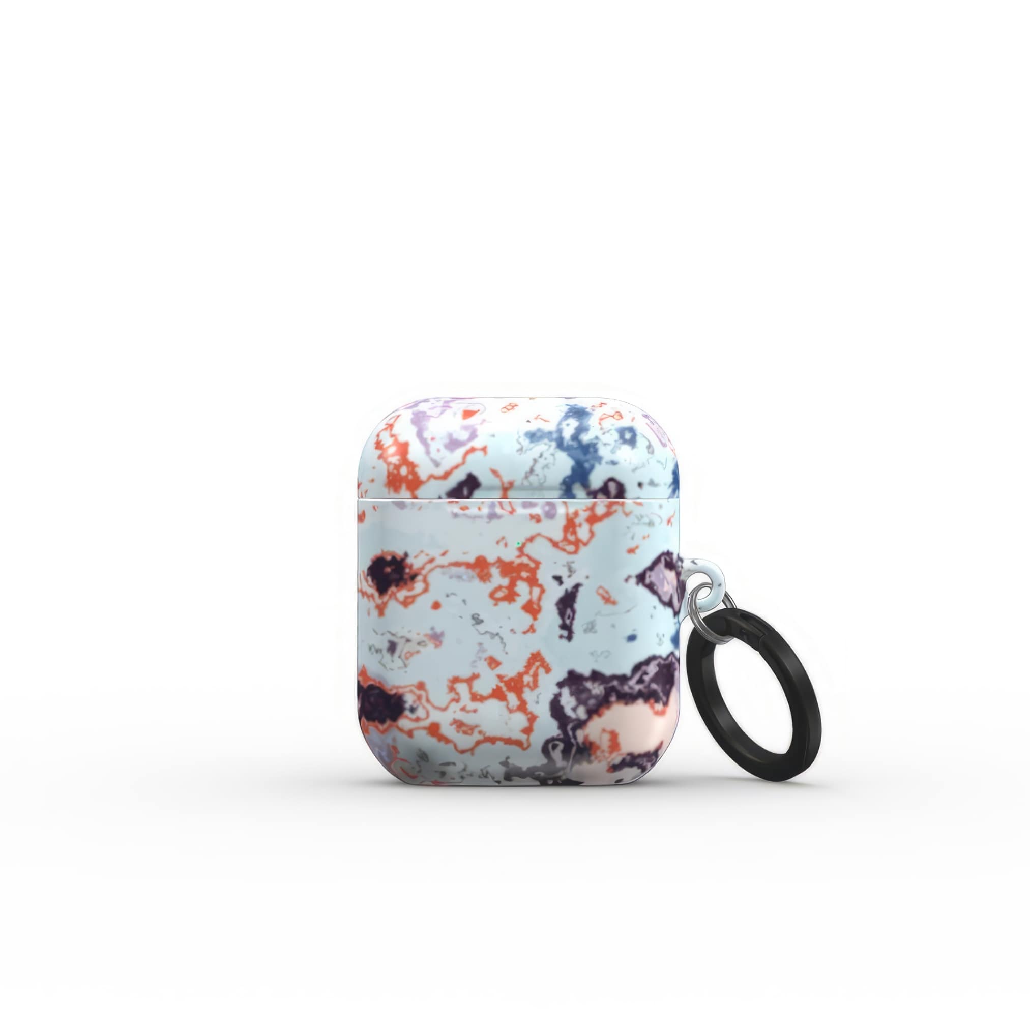 AirPods 1 and 2 tough case front view; Blue Marble 2 pattern, artistic, abstract marble pattern. Blue and pink color combination. Bold expressive aesthetic design. Colorful and interior fit. Elegant.