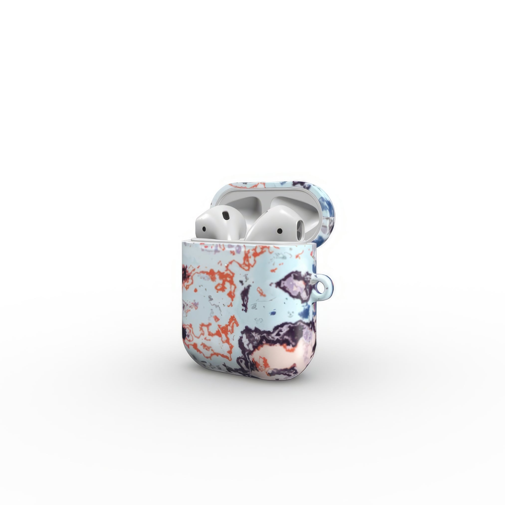 AirPods 1 and 2 tough case side open view; Blue Marble 2 pattern, artistic, abstract marble pattern. Blue and pink color combination.
