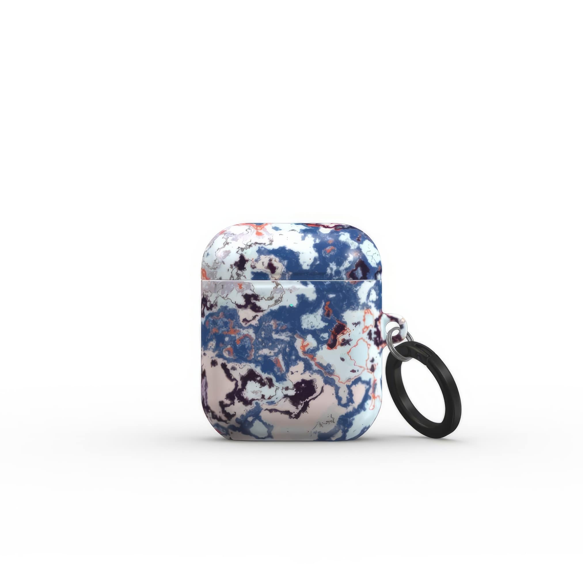 AirPods 1 and 2 tough case front view; Blue Marble Mist pattern, artistic, abstract marble pattern. Blue and pink color combination.