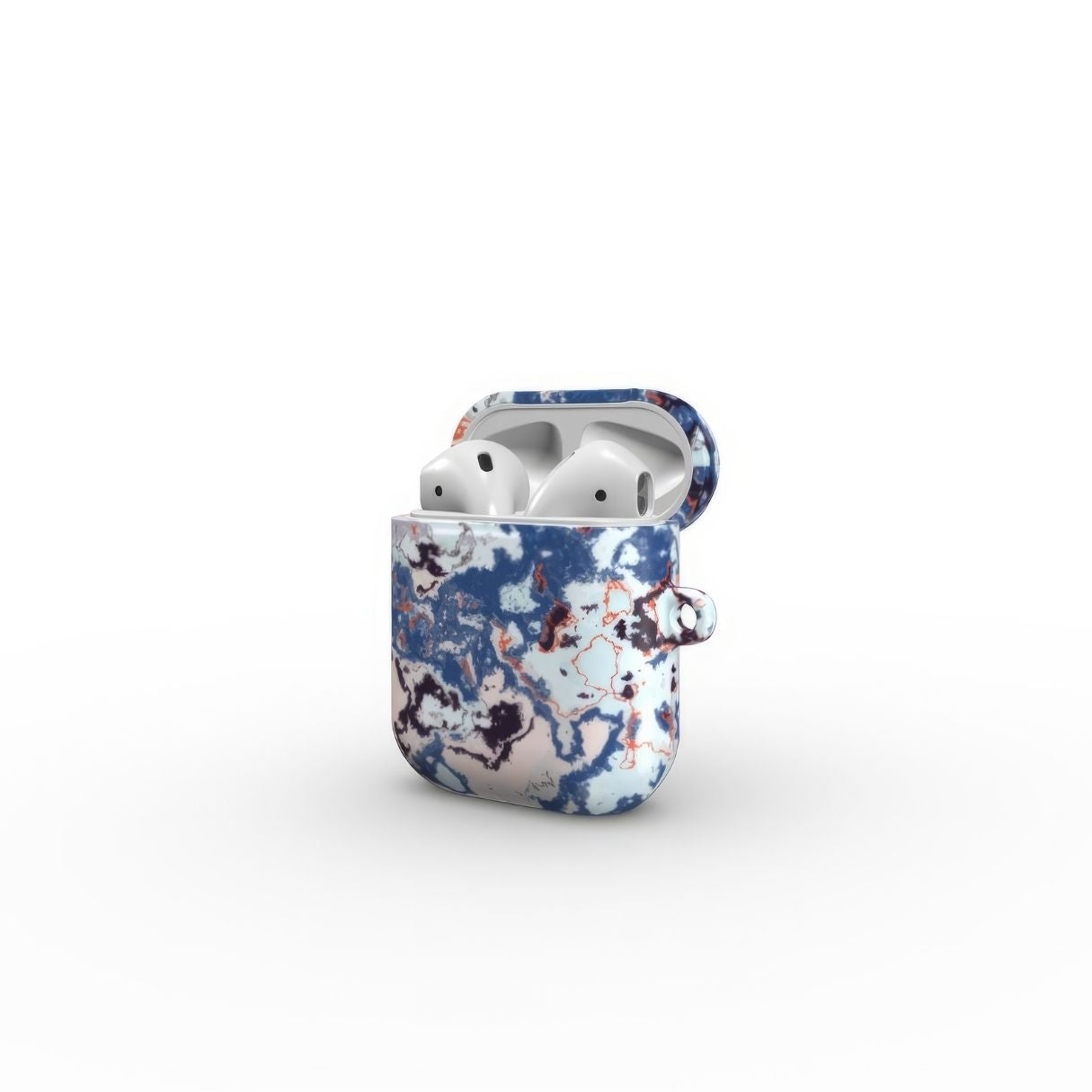 AirPods 1/2 tough case side open view; Blue Marble Mist pattern, artistic, abstract marble pattern. Blue and pink color combination.