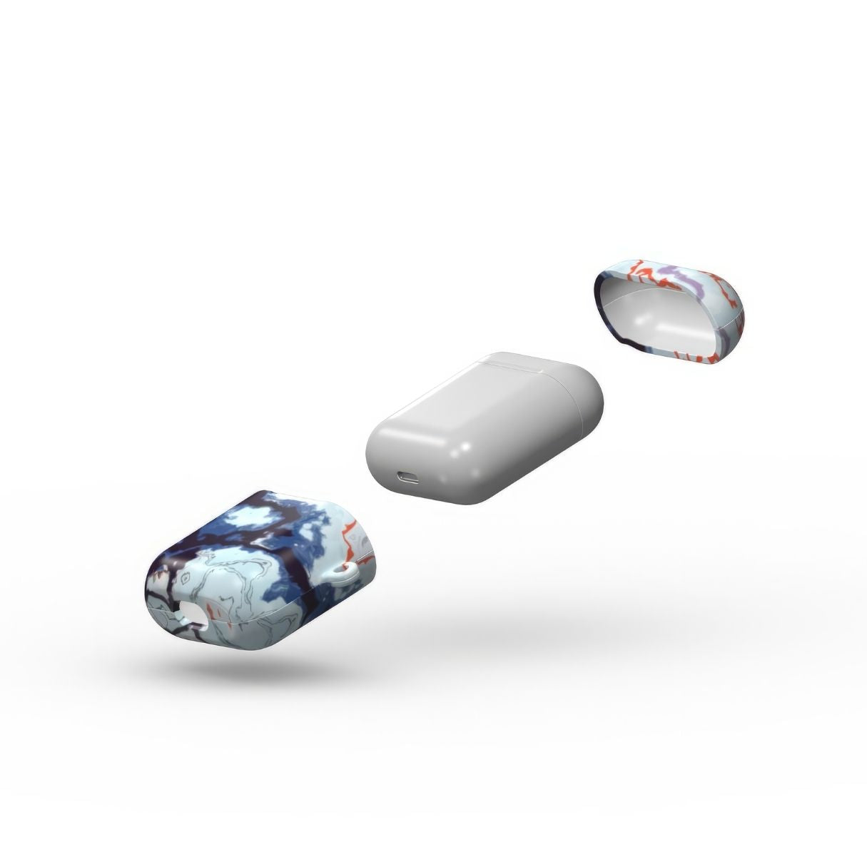 AirPods 1/2 tough case extend view; Blue Marble Veins pattern, artistic, abstract marble pattern. Dark blue and light blue with some red lines color combination. Bold expressive aesthetic design. Colorful and interior fit. Elegant.