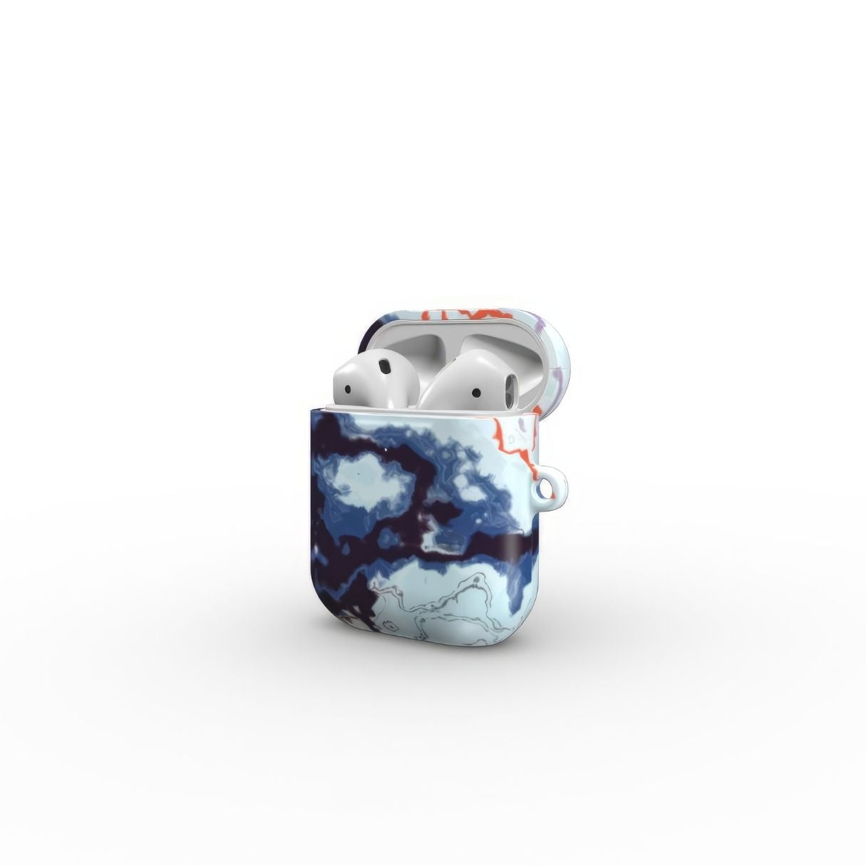 AirPods 1/2 tough case open side view; Blue Marble Veins pattern, artistic, abstract marble pattern. Dark blue and light blue with some red lines color combination. Bold expressive aesthetic design. Colorful and interior fit. Elegant.