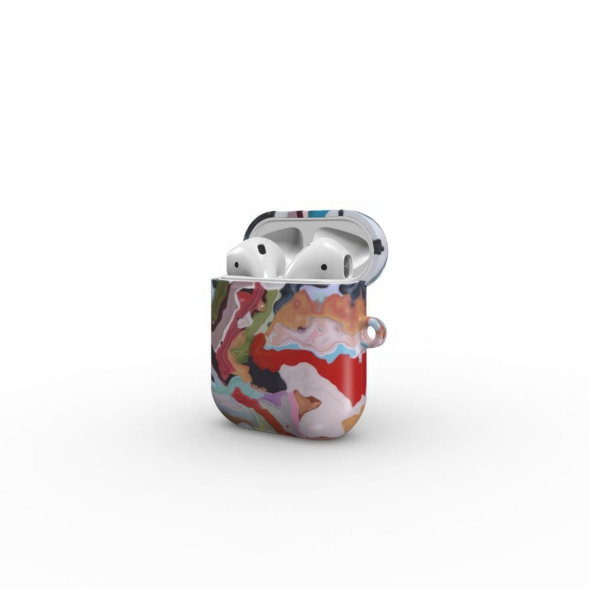 AirPods 1/2 case side open view; Bold Sprinkles pattern, artistic, abstract marble pattern. Mix color combination. Bold expressive aesthetic design. Colorful and interior fit. Elegant.