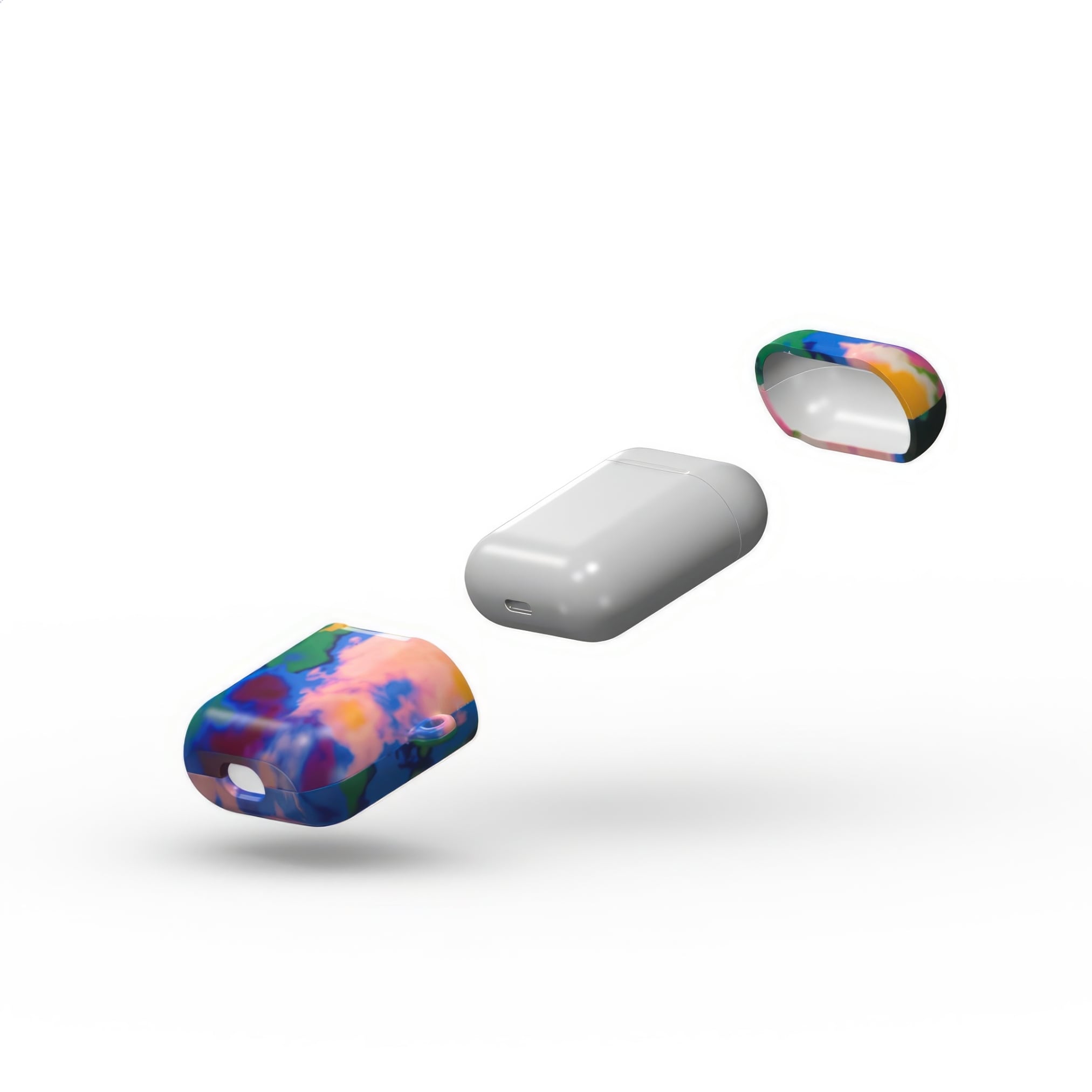 AirPods 1 and 2 tough case extend view; Brazil 1 pattern, artistic, abstract marble pattern. Orange, green and blue color combination.