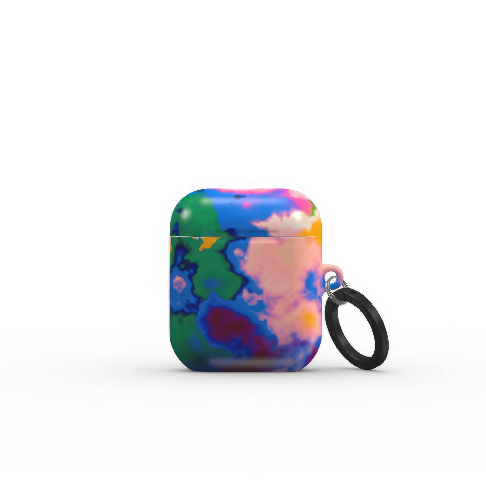 AirPods 1 and 2 tough case front view; Brazil 1 pattern, artistic, abstract marble pattern. Orange, green and blue color combination. Bold expressive aesthetic design. Colorful and interior fit. Elegant.