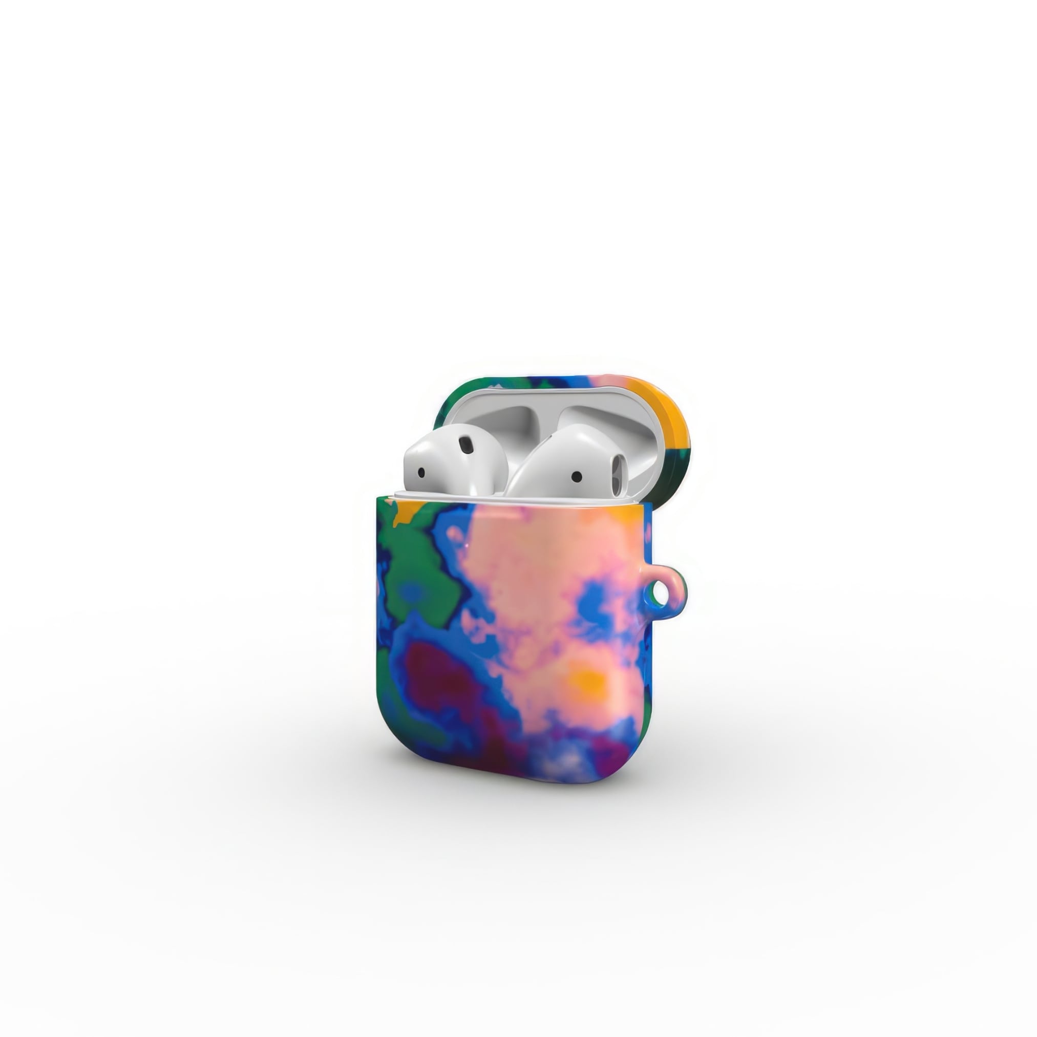 AirPods 1 and 2 tough case side open view; Brazil 1 pattern, artistic, abstract marble pattern. Orange, green and blue color combination.