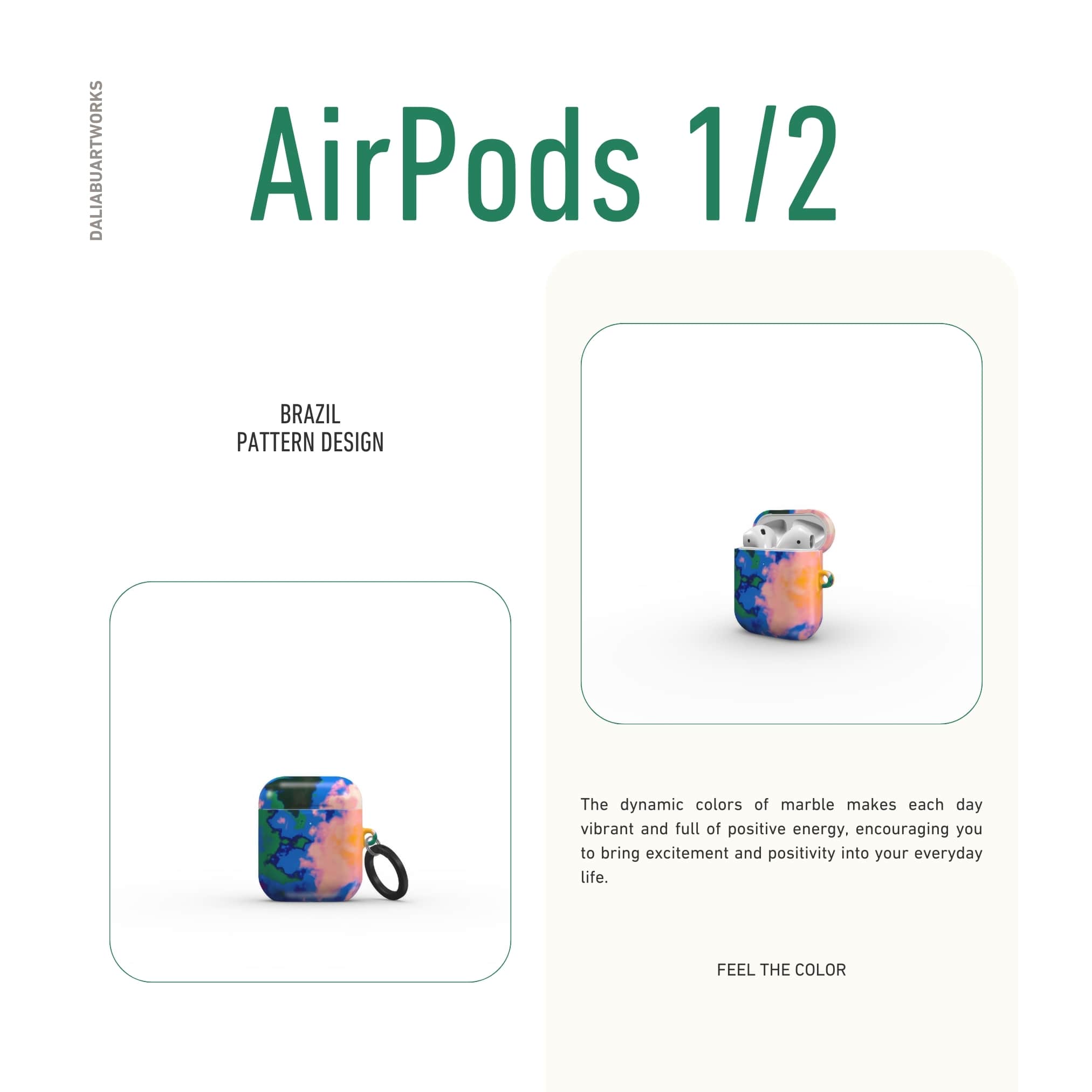 AirPods 1 and 2 tough case front view; Brazil pattern, artistic, abstract marble pattern. Orange, green and blue color combination.