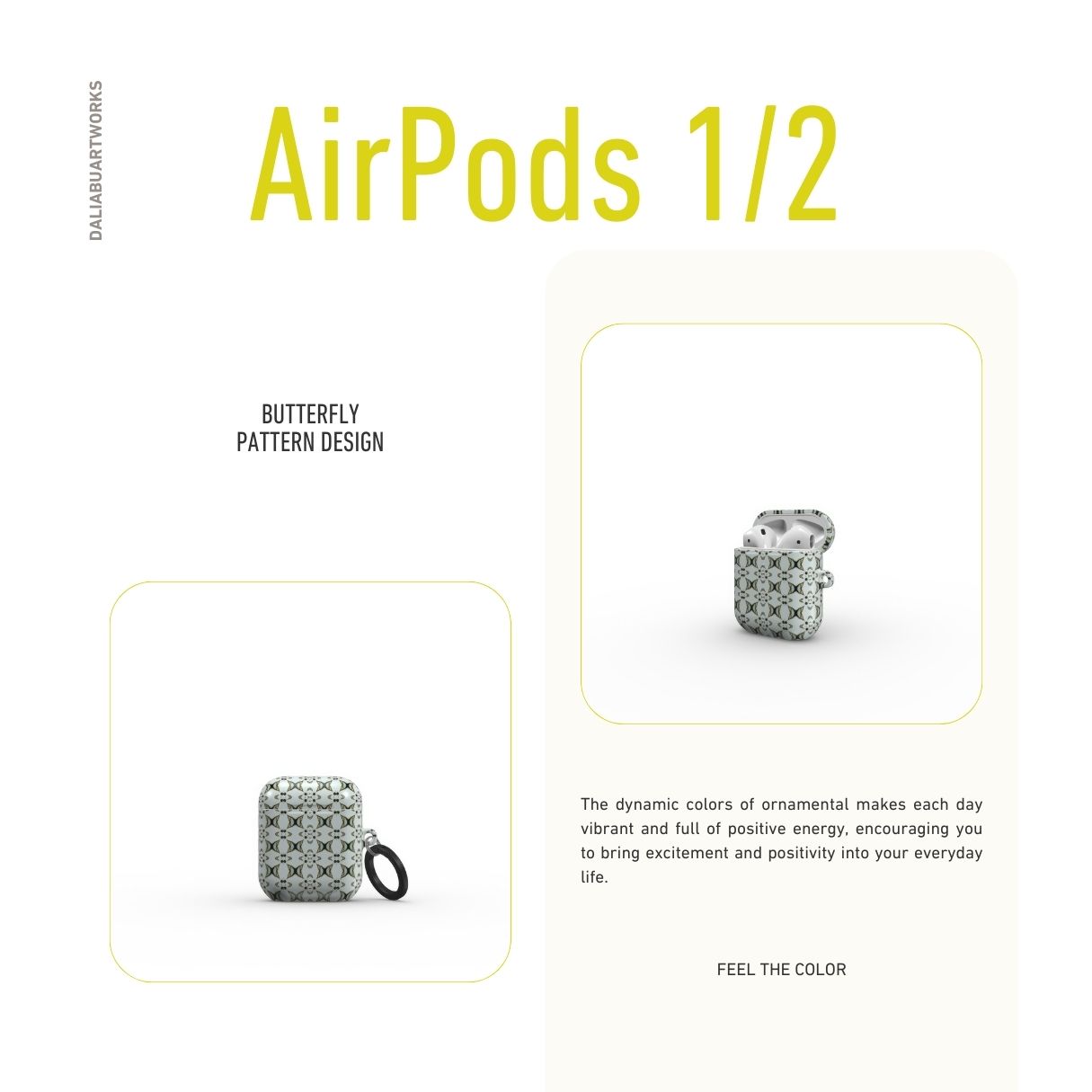 Apple AirPods 1/2 tough case ButterFly pattern design with a playful, bold expression of kaleidoscope form, featuring an elegant and expressive aesthetic design. Main color is light blue. Description.