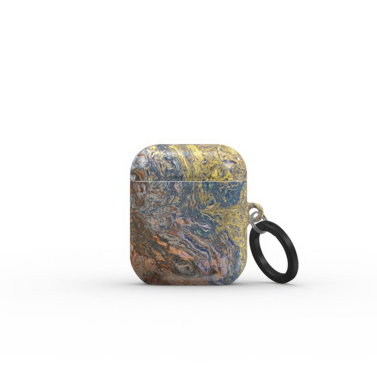 AirPods 1/2 case with a calm color pattern Chill Time abstract and artistic style, featuring an elegant and aesthetic design. Main colors are muted yellow, grey and orange, brown. Front view.