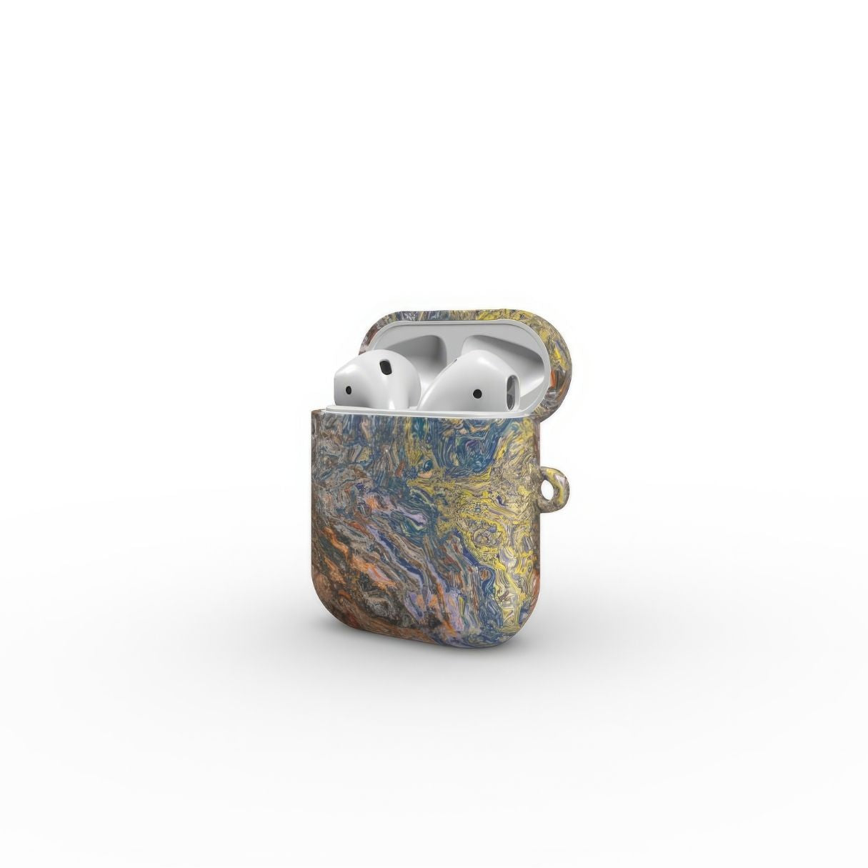 AirPods 1/2 case with a calm color pattern Chill Time abstract and artistic style, featuring an elegant and aesthetic design. Main colors are muted yellow, grey and orange, brown. Side open view.