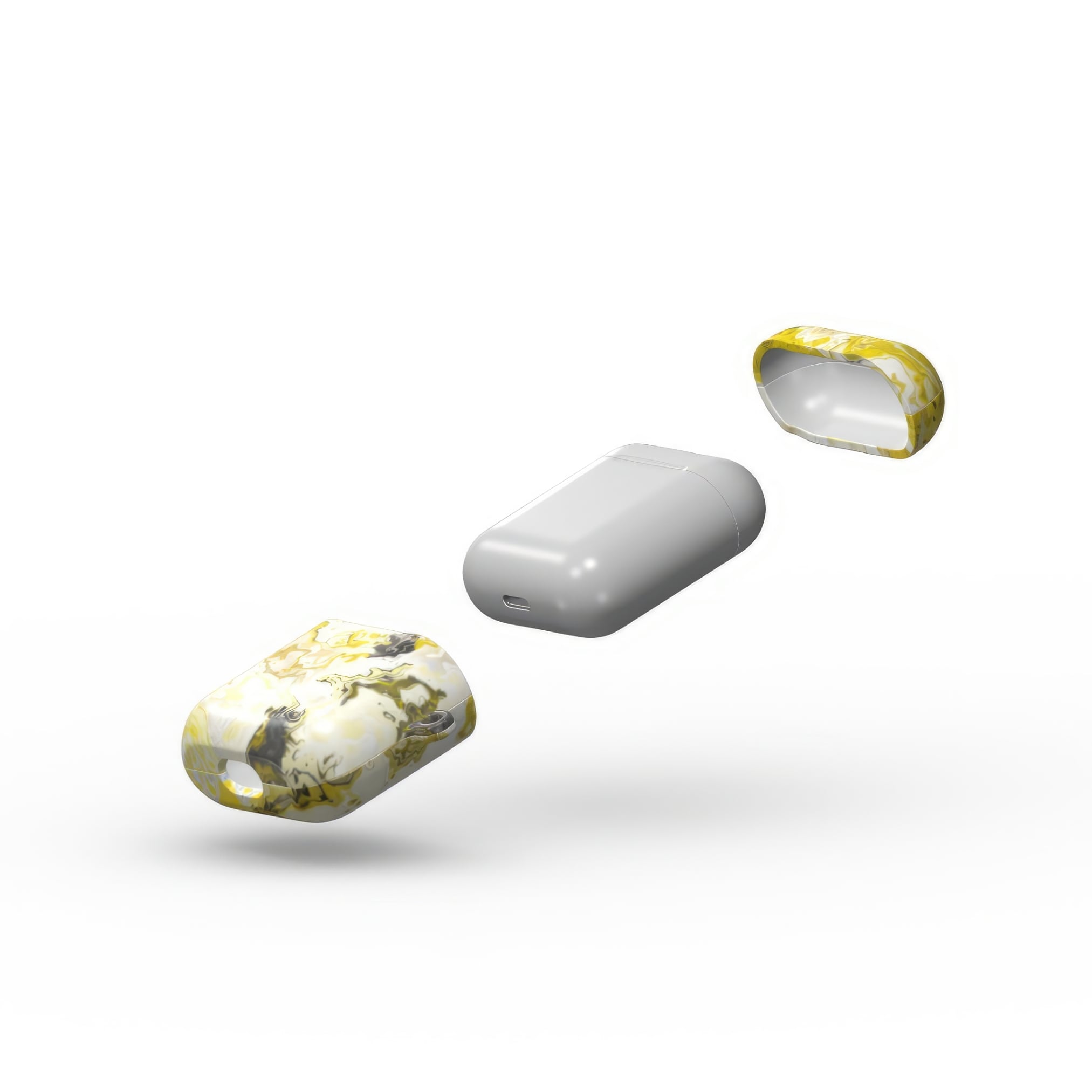 AirPods 1 and 2 tough case extend view; Citron 1 pattern, artistic, abstract marble pattern. White and yellow color combination.