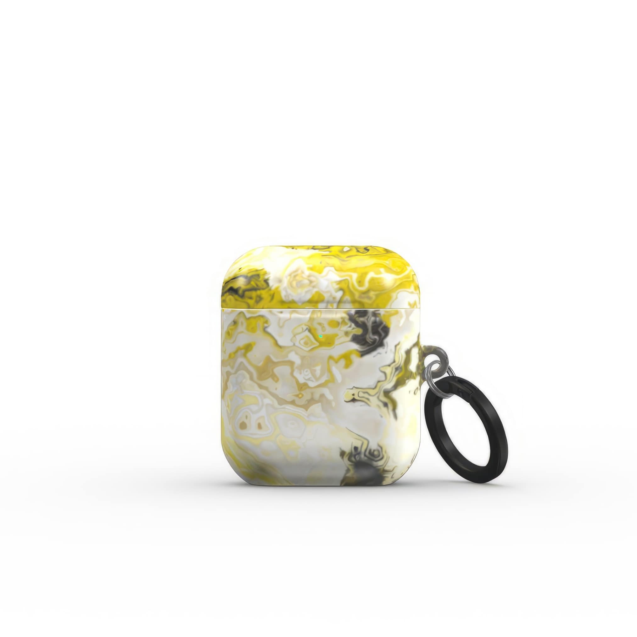 AirPods 1 and 2 tough case front view; Citron 1 pattern, artistic, abstract marble pattern. White and yellow color combination. Bold expressive aesthetic design. Colorful and interior fit. Elegant.