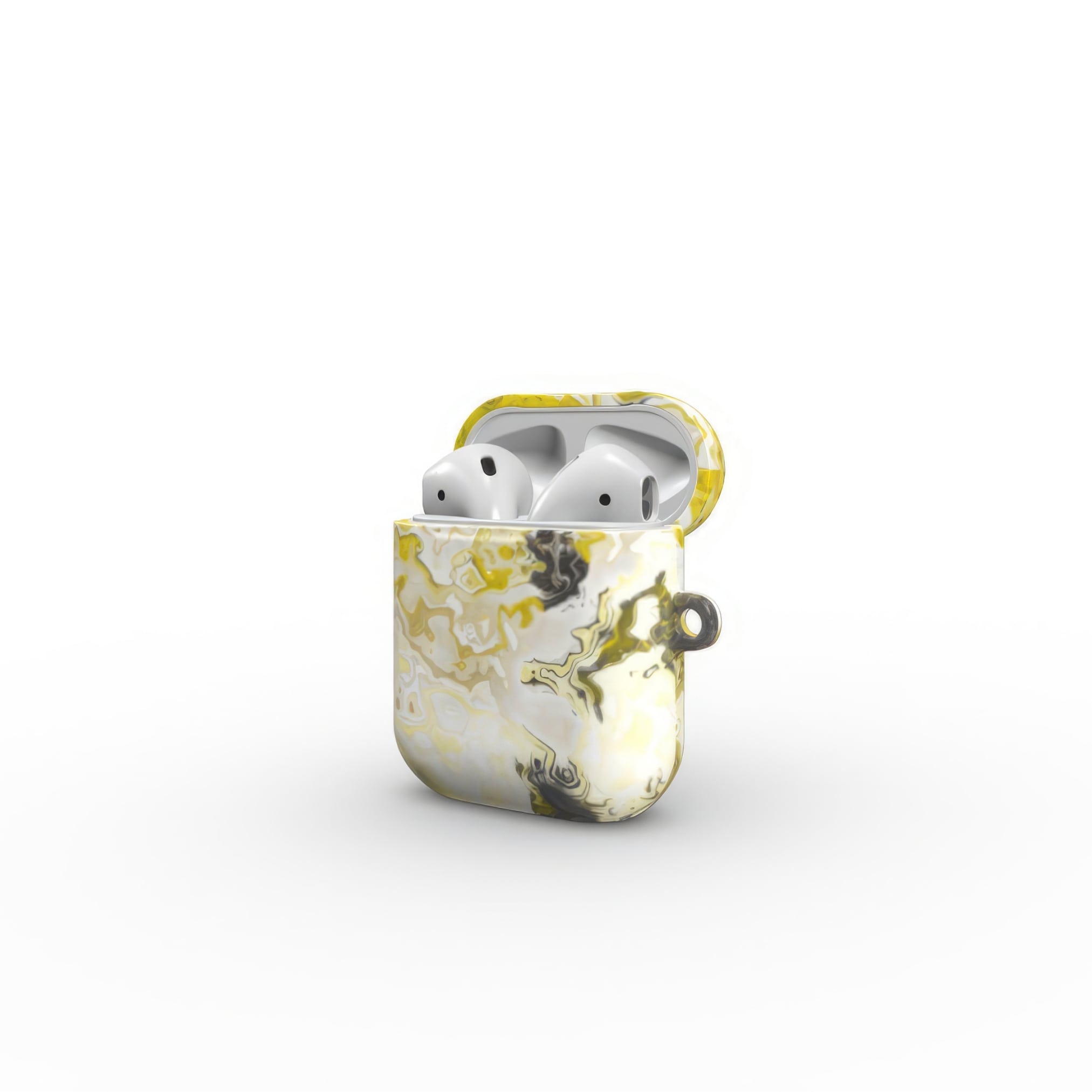 AirPods 1 and 2 tough case side open view; Citron 1 pattern, artistic, abstract marble pattern. White and yellow color combination.