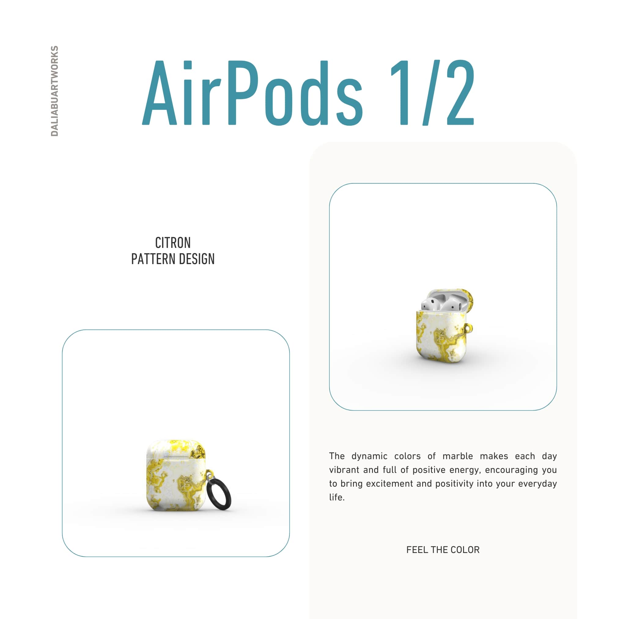 AirPods 1 and 2 tough case front view; Citron pattern, artistic, abstract marble pattern. White and yellow color combination. Bold expressive aesthetic design. Colorful and interior fit. Elegant.