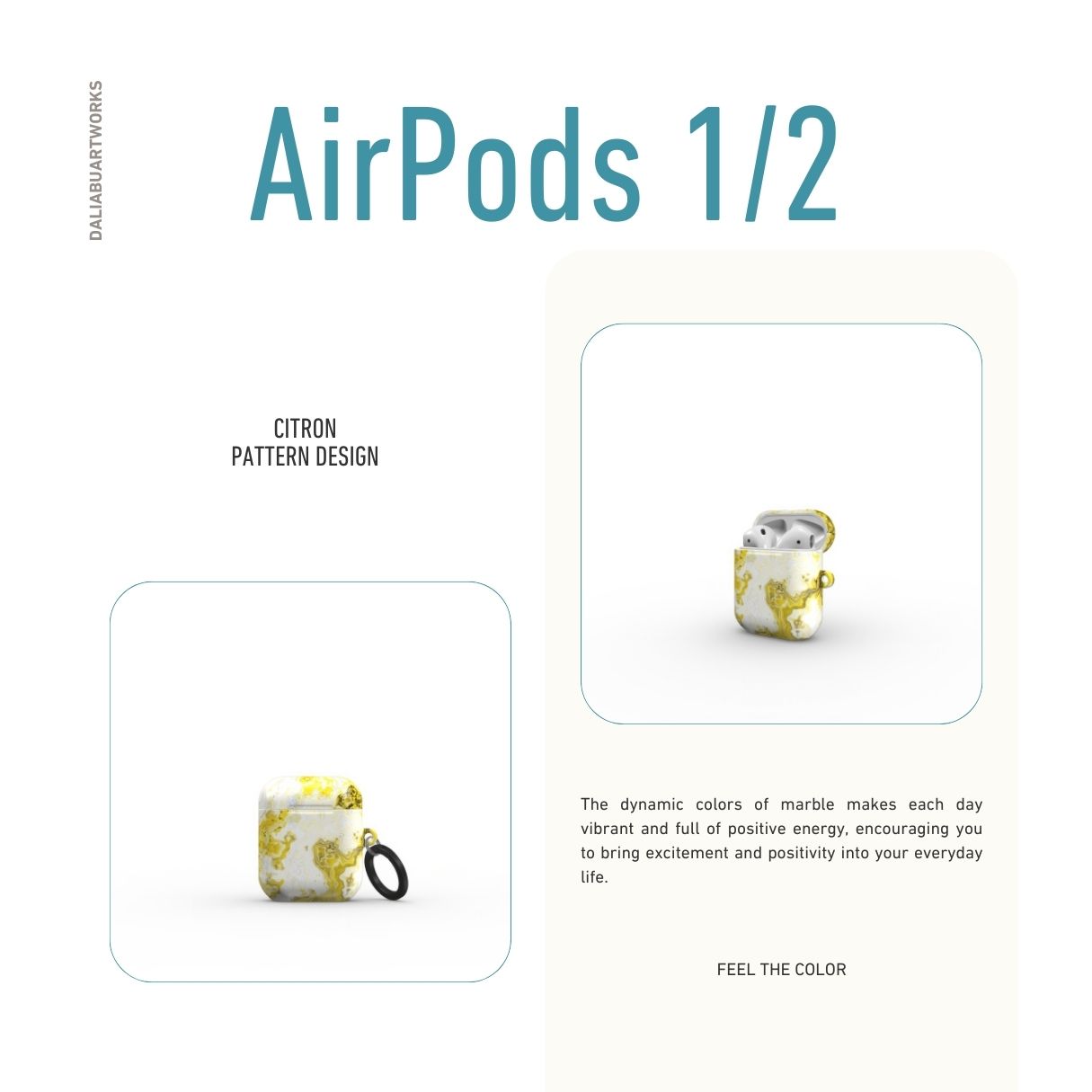 AirPods 1 and 2 tough case front view; Citron pattern, artistic, abstract marble pattern. White and yellow color combination. Bold expressive aesthetic design. Colorful and interior fit. Elegant.