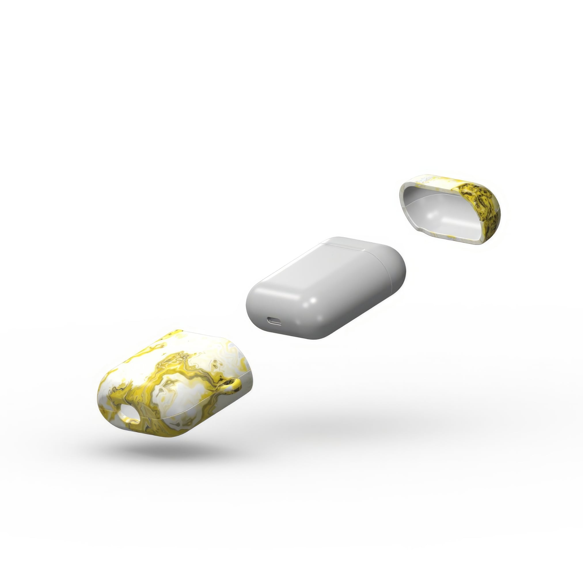 AirPods 1 and 2 tough case extend view; Citron pattern, artistic, abstract marble pattern. White and yellow color combination. Bold expressive aesthetic design. Colorful and interior fit. Elegant.