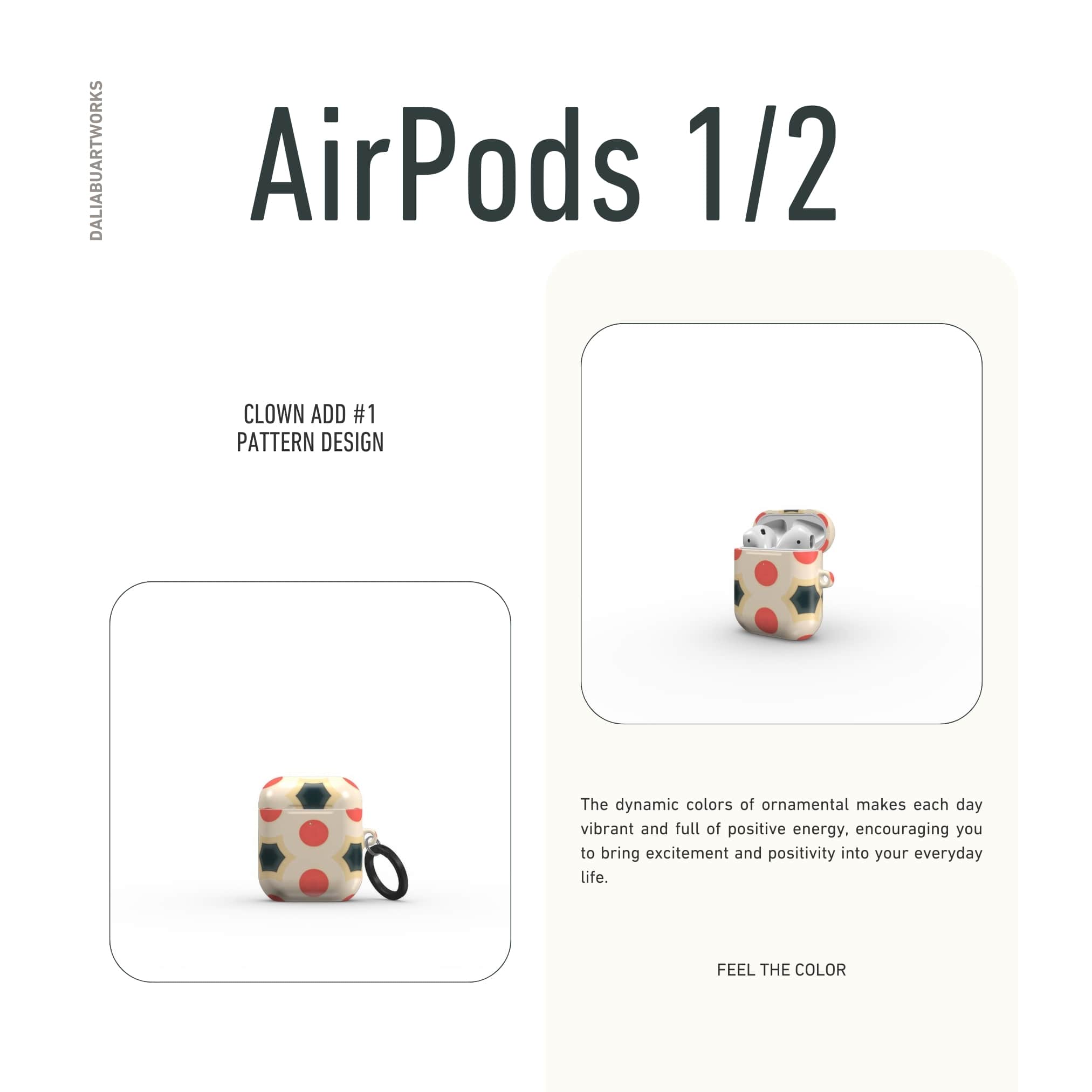 AirPods 1 and 2 tough case front view; clown add 1 pattern, artistic, ornamental kaleidoscope pattern. Red and beige color combination.