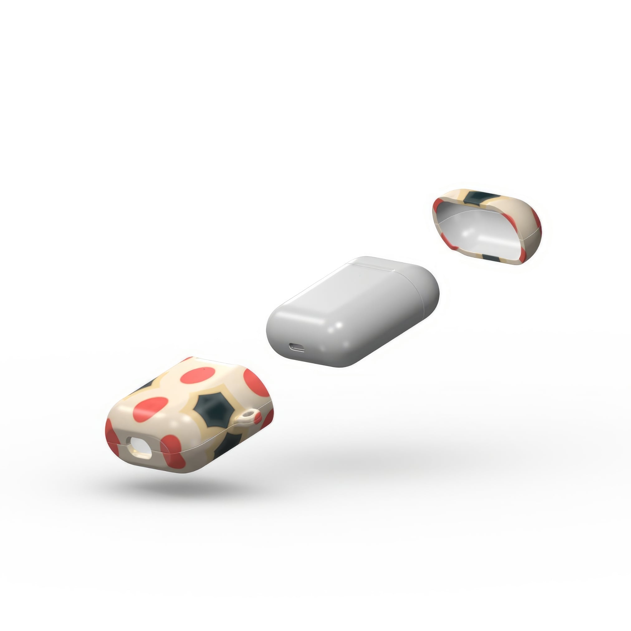 AirPods 1 and 2 tough case extend view; clown add 1 pattern, artistic, ornamental kaleidoscope pattern. Red and beige color combination.