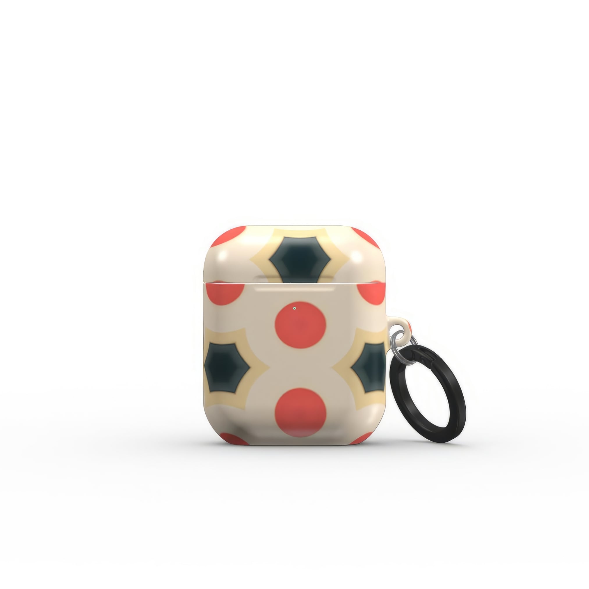 AirPods 1 and 2 tough case front view; clown add 1 pattern, artistic, ornamental kaleidoscope pattern. Red and beige color combination. Bold expressive aesthetic design. Colorful and interior fit.