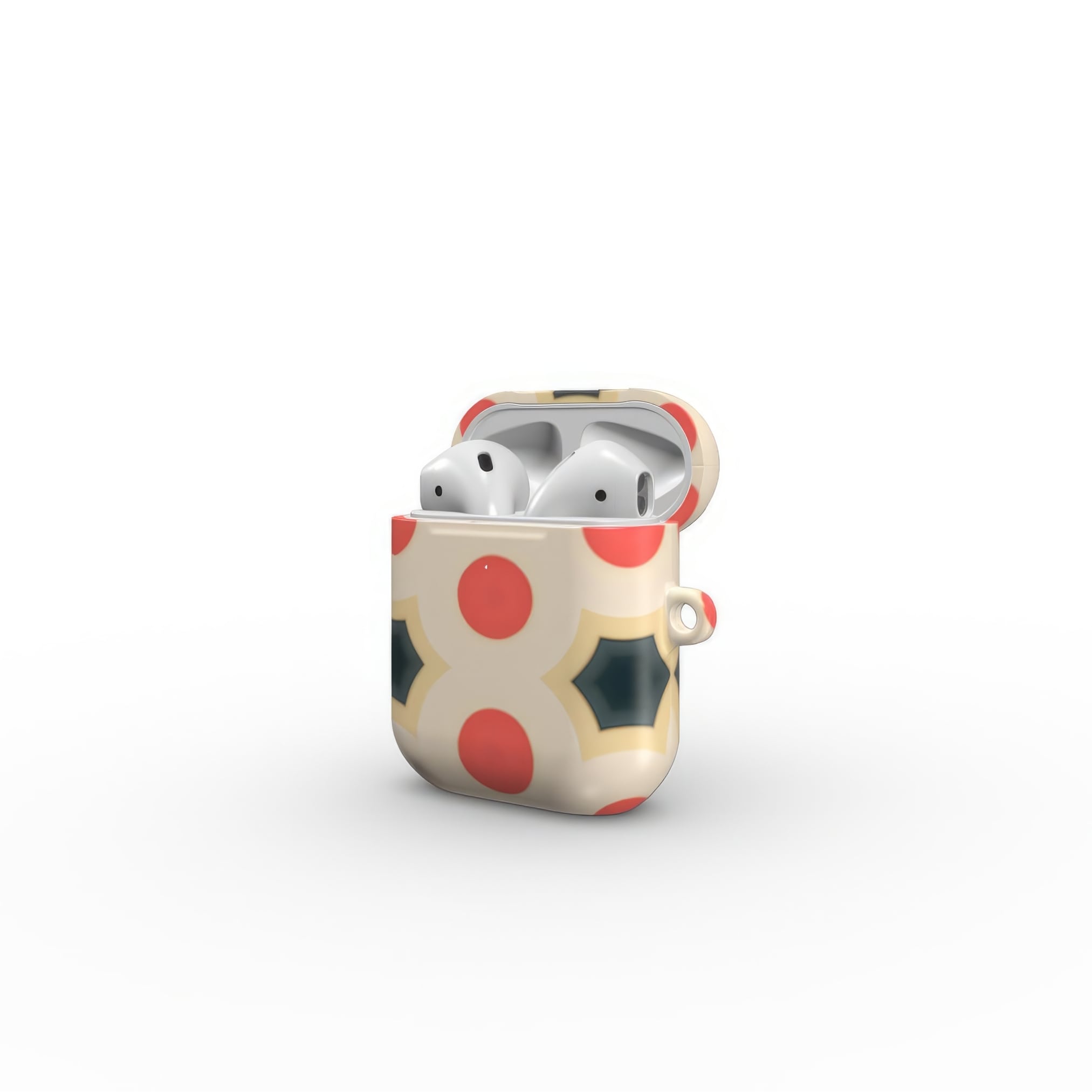 AirPods 1 and 2 tough case side open view; clown add 1 pattern, artistic, ornamental kaleidoscope pattern. Red and beige color combination.