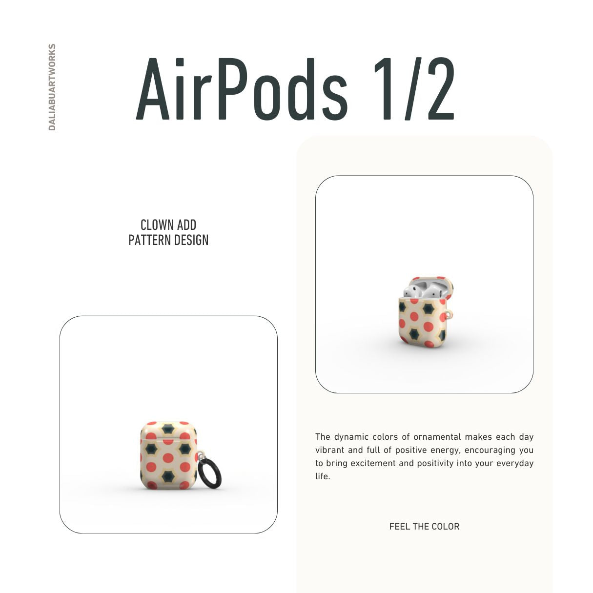AirPods 1 and 2 tough case front view; Clown Add pattern, artistic, ornamental kaleidoscope pattern. Red and beige color combination. Bold expressive aesthetic design. Colorful and interior fit.