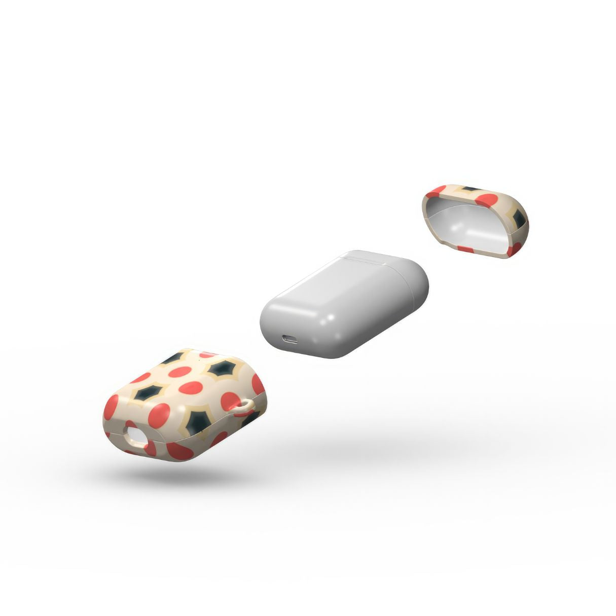AirPods 1 and 2 tough case extend view; Clown Add pattern, artistic, ornamental kaleidoscope pattern. Red and beige color combination. Bold expressive aesthetic design. Colorful and interior fit.