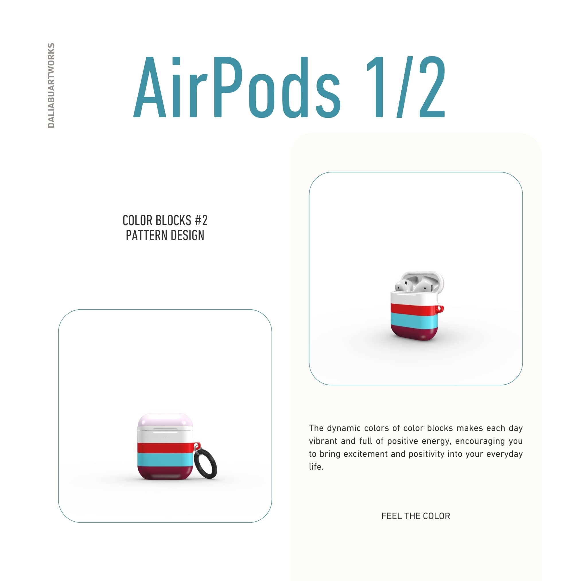 AirPods 1 and 2 tough case Color Blocks 2 pattern design with a color blocks, featuring an elegant and expressive aesthetic design. Main colors are lilac, red, passion pink and fuchsia. Front view.